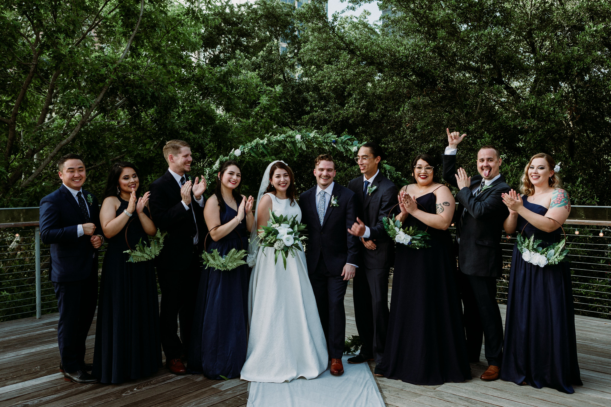 Wedding party bridal party group portraits. Wedding at The Grove at Discovery Green Park (Houston, TX)