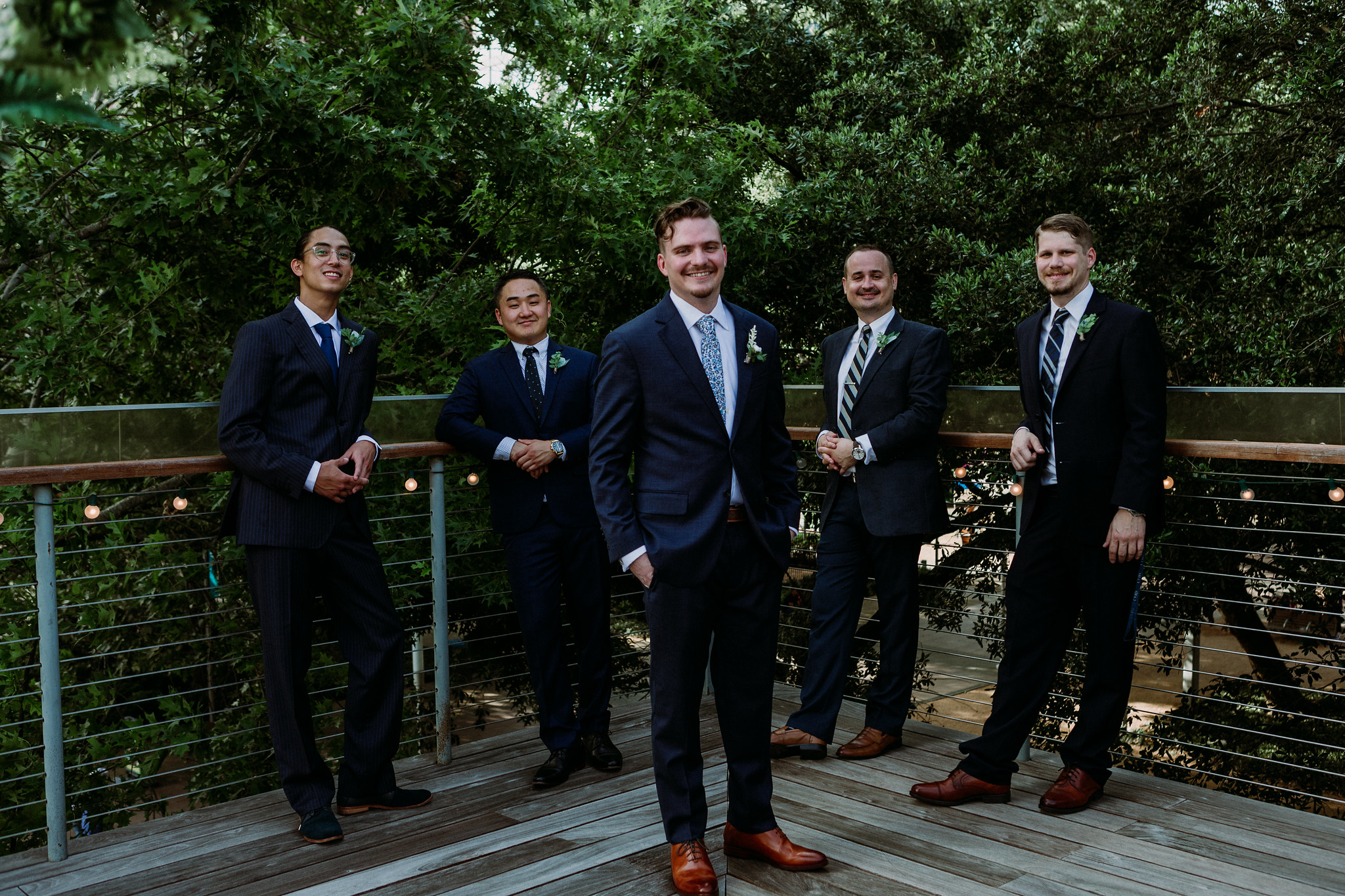 Groom and groomsmen group portraits. Wedding at The Grove at Discovery Green Park (Houston, TX)