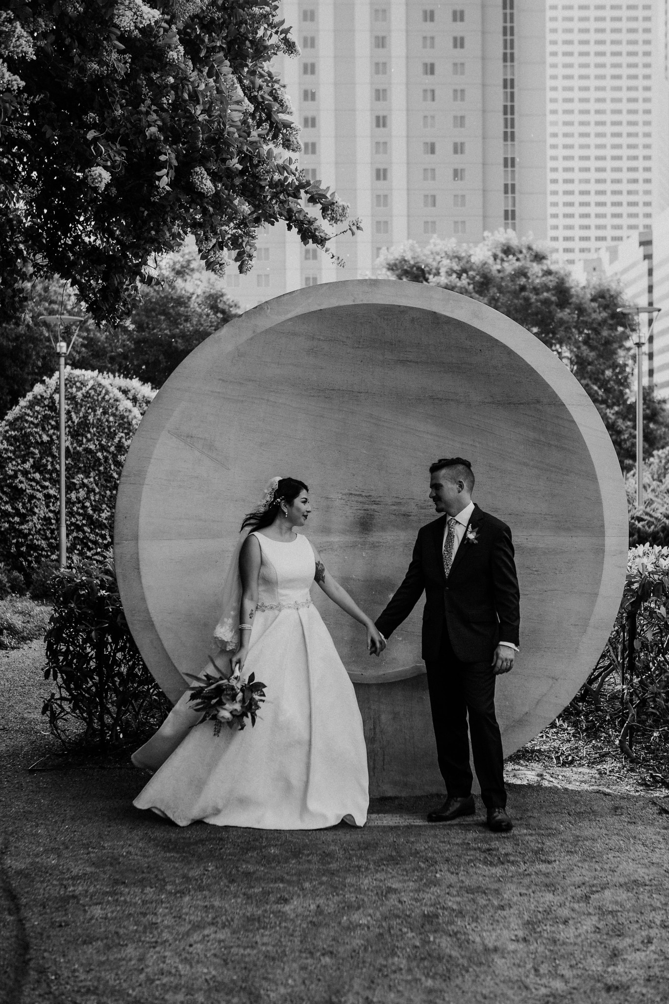 Bride and groom couples portraits. Wedding at The Grove at Discovery Green Park (Houston, TX)