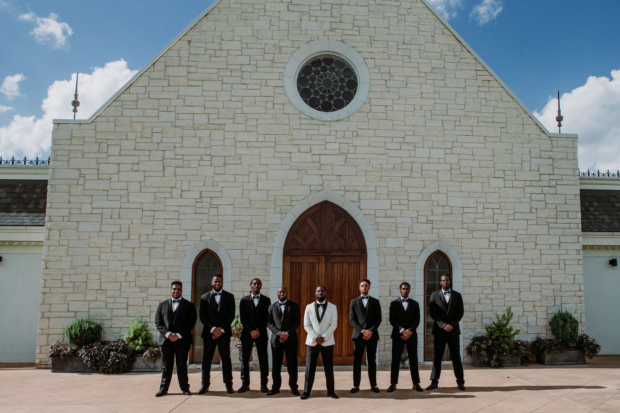 Groom and groomsmen group portraits. Wedding at Ashton Gardens West (Houston, TX)