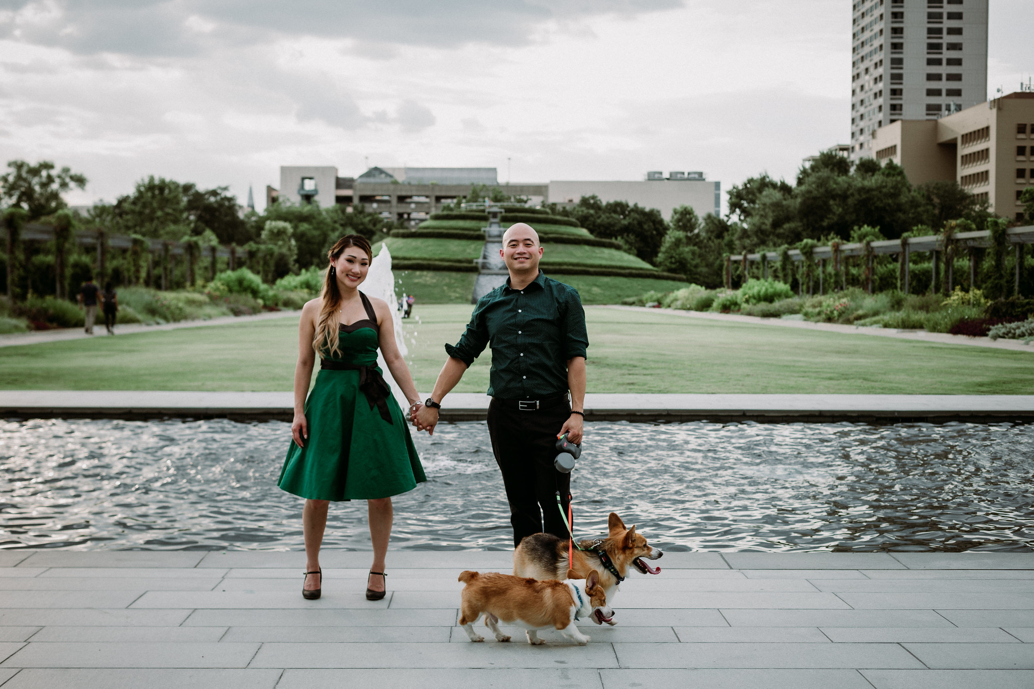 Engagement Photo Session with two cute corgis at McGovern Centennial Gardens (Houston, TX)