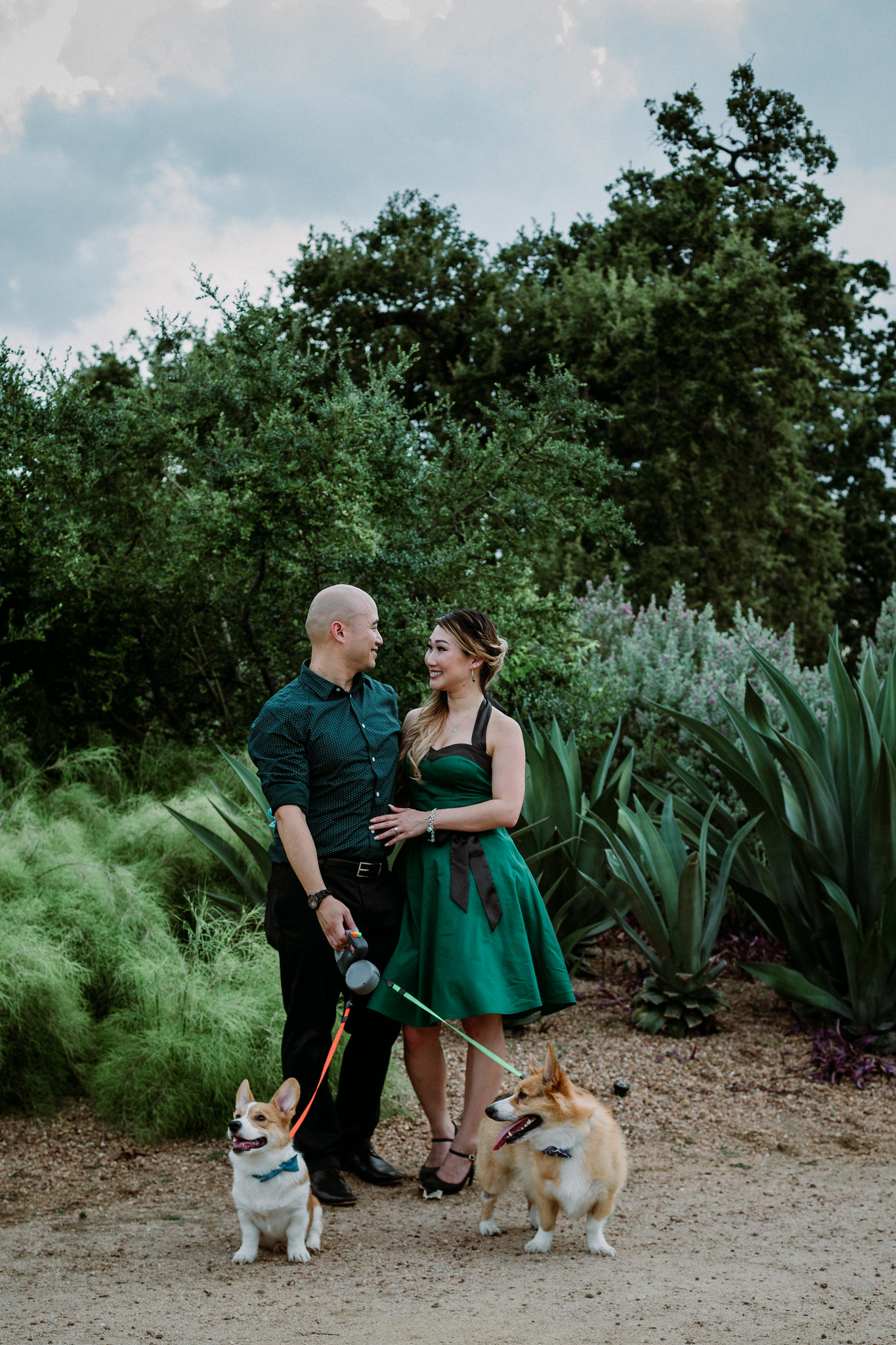 Engagement Photo Session with two cute corgis at McGovern Centennial Gardens (Houston, TX)