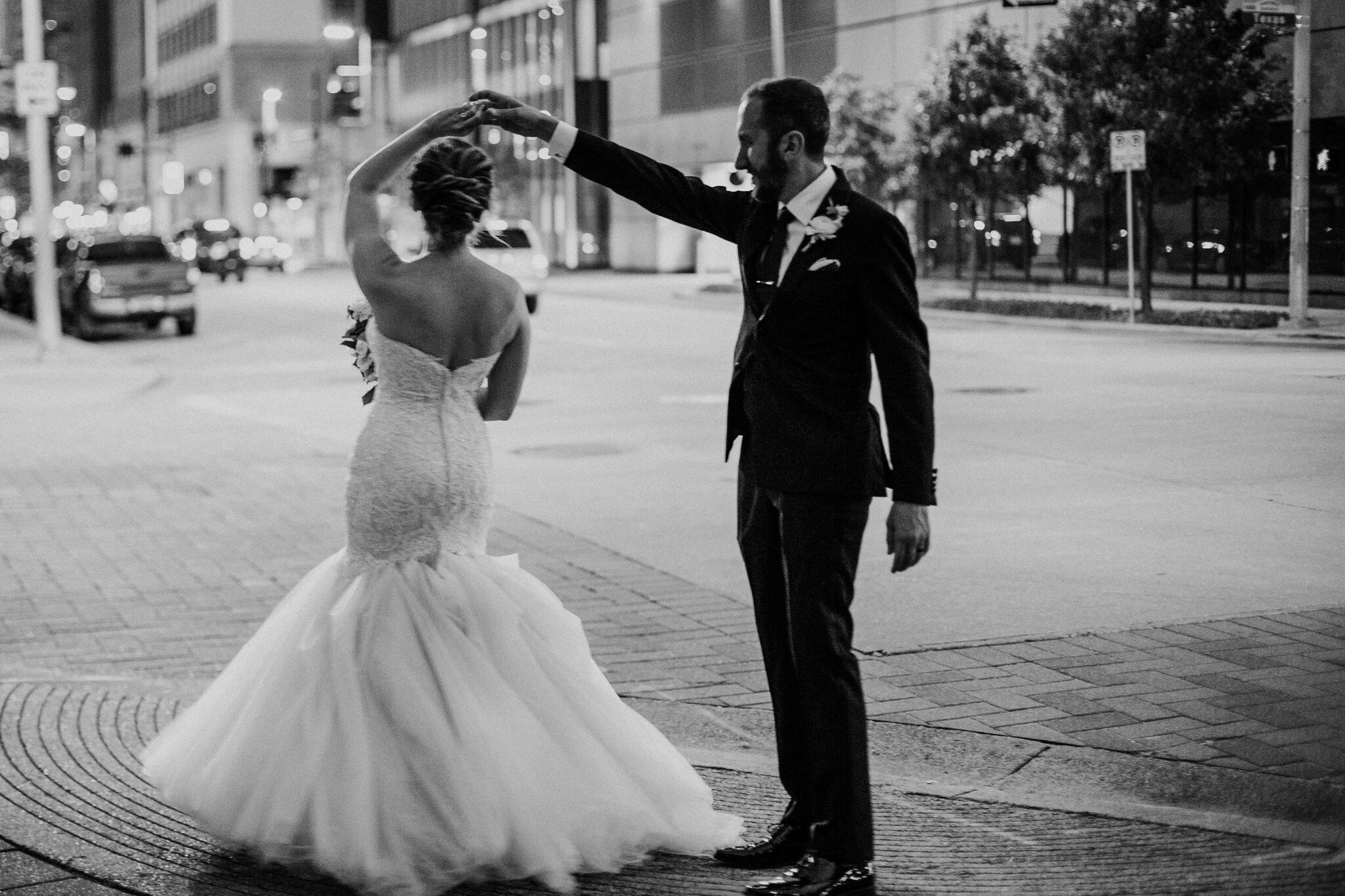 Bride and groom portraits downtown. Wedding at The Sam Houston Hotel (Houston TX)