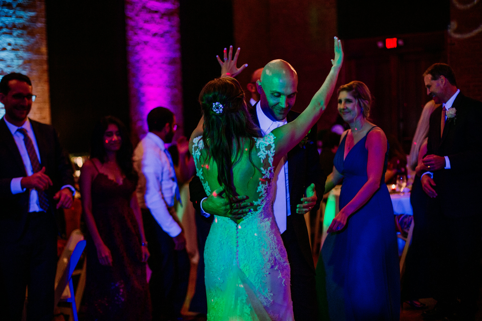 Party, dancing. Reception. Wedding at Charles H. Morris Center at Trustees' Garden (Savannah, GA)