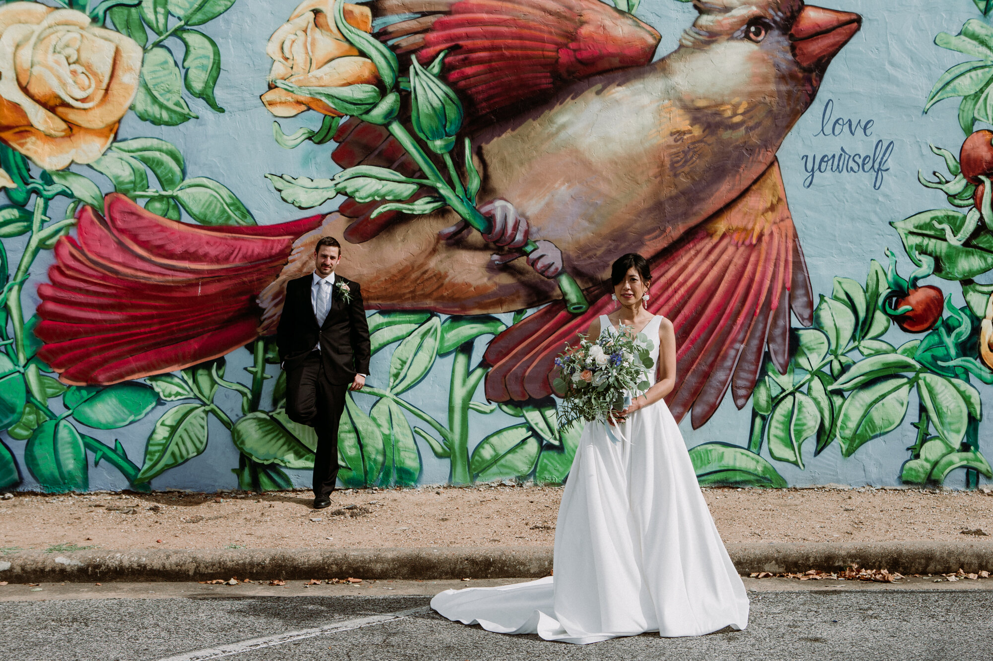 Captivating Micro Wedding Bride and Groom Couples Portraits Murals bird of paradise Downtown Brenham, TX