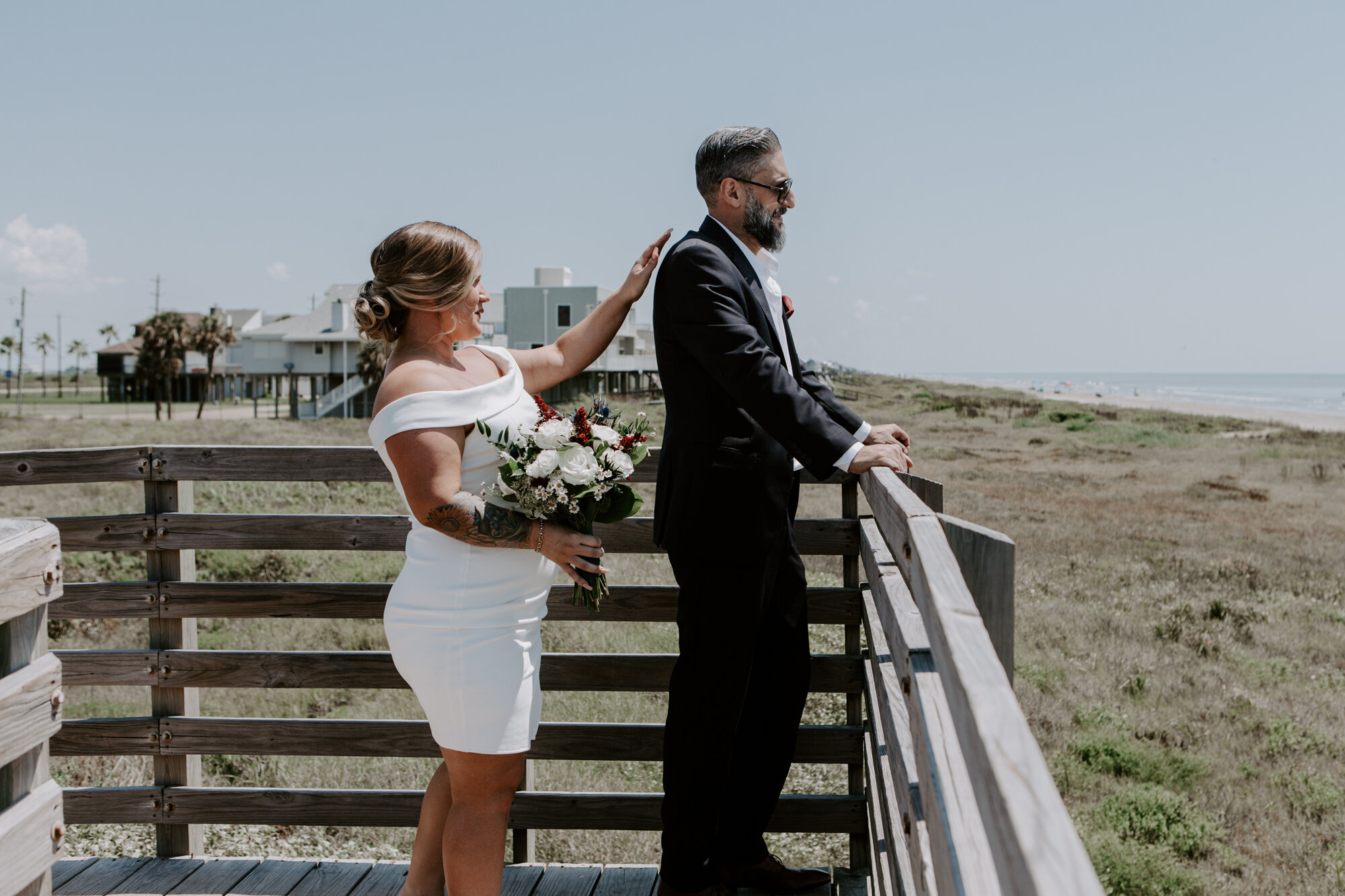 Bride and groom first look. Intimate Elopement on the Beach