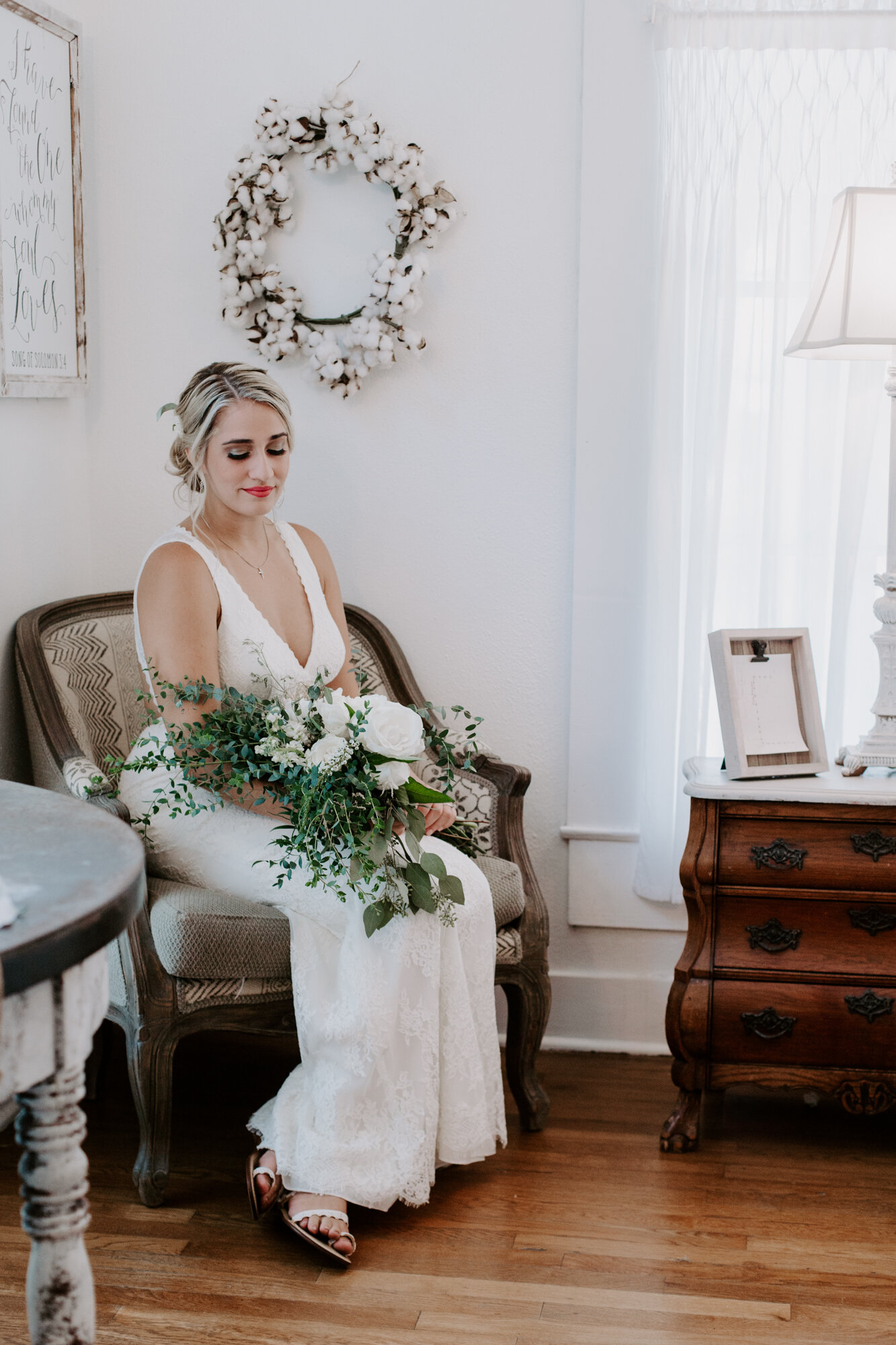 Bridal portraits in the room. Radiant Bohemian Hill Country Wedding at Gruene Estate in New Braunfels, TX