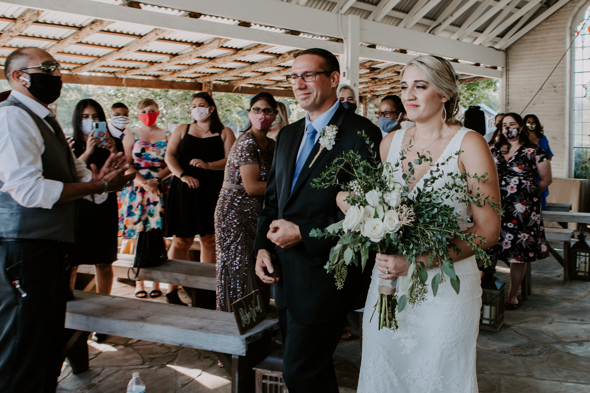 Father and bride walking down the aisle. Radiant Bohemian Hill Country Wedding at Gruene Estate in New Braunfels, TX