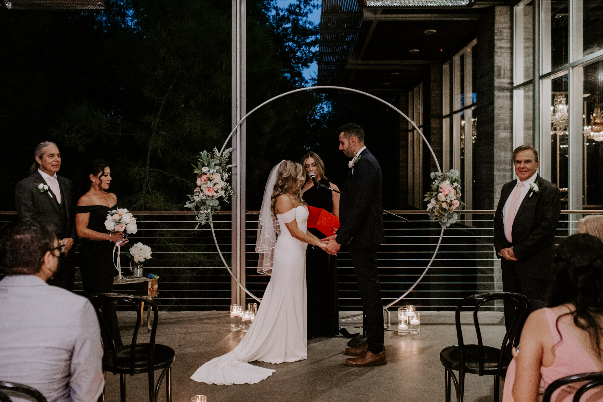 Beautiful night time ceremony. Glamorous Wedding at The Dunlavy and the Lost Lake Buffalo Bayou Park