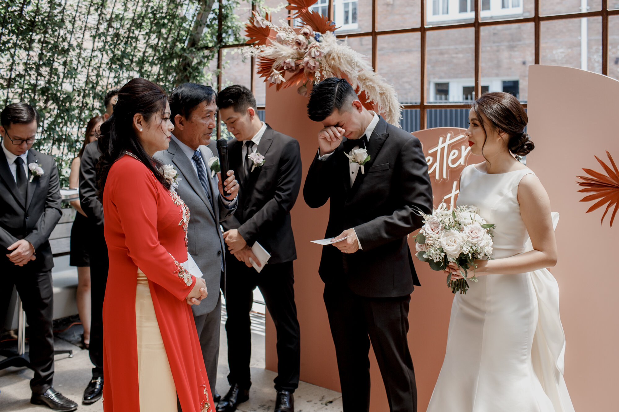 Bride and groom receive gifts from parents. Urban Elegant East Asian Wedding at Ronin 2