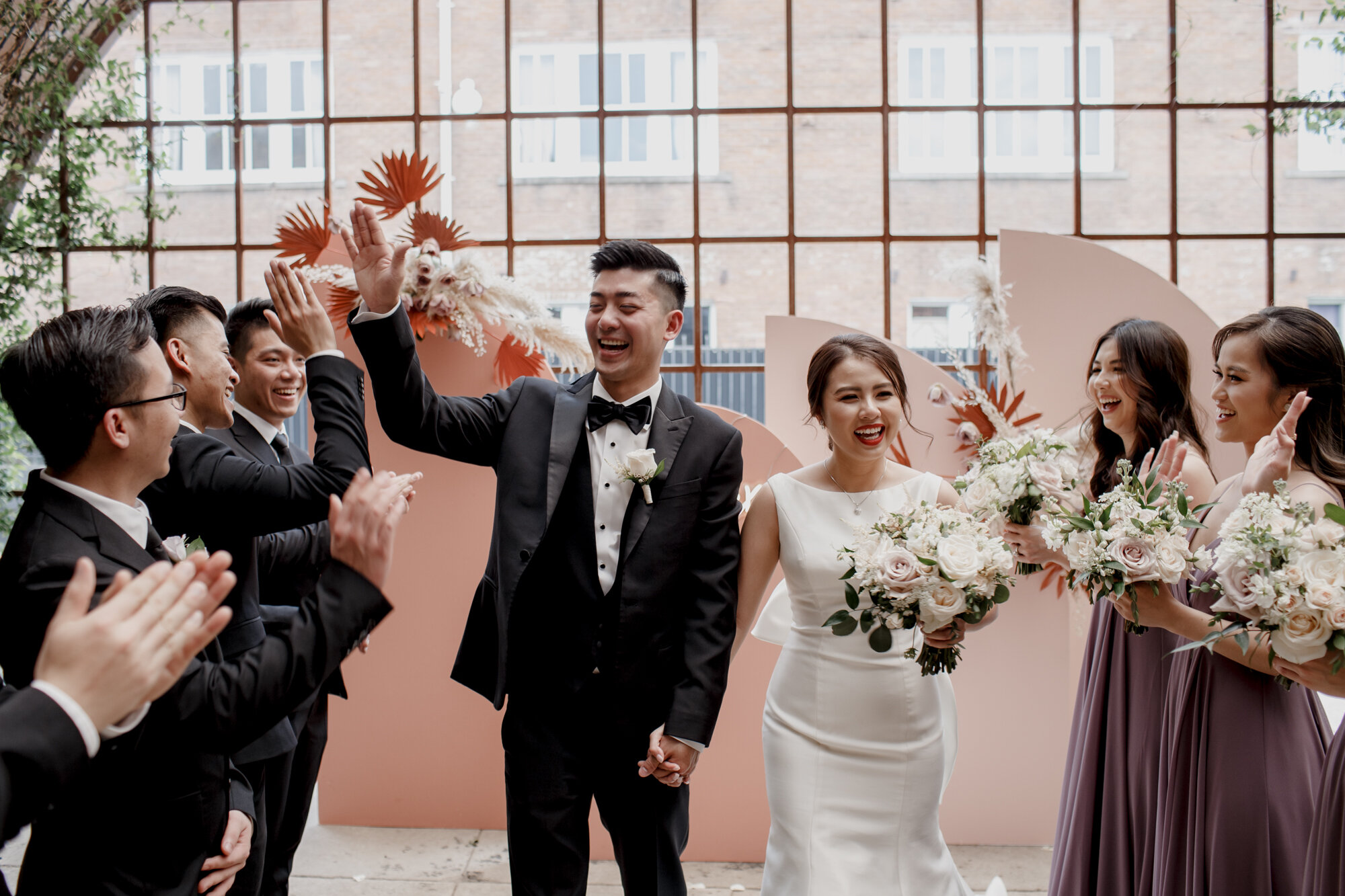 Bride and groom with the bridal party. Urban Elegant East Asian Wedding at Ronin 2