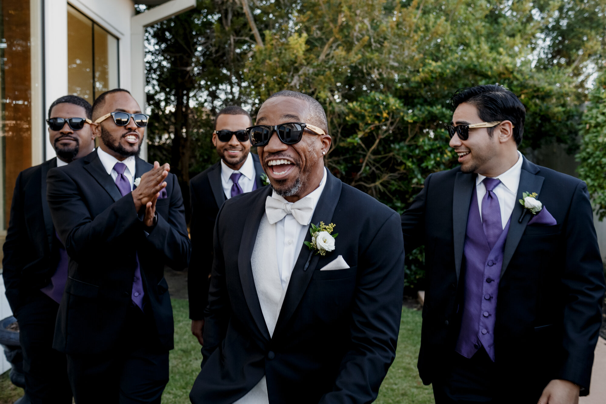 Groom and groomsmen looking cool. Elegant and Dazzling Wedding in Yellow and Purple at Ashton Gardens West