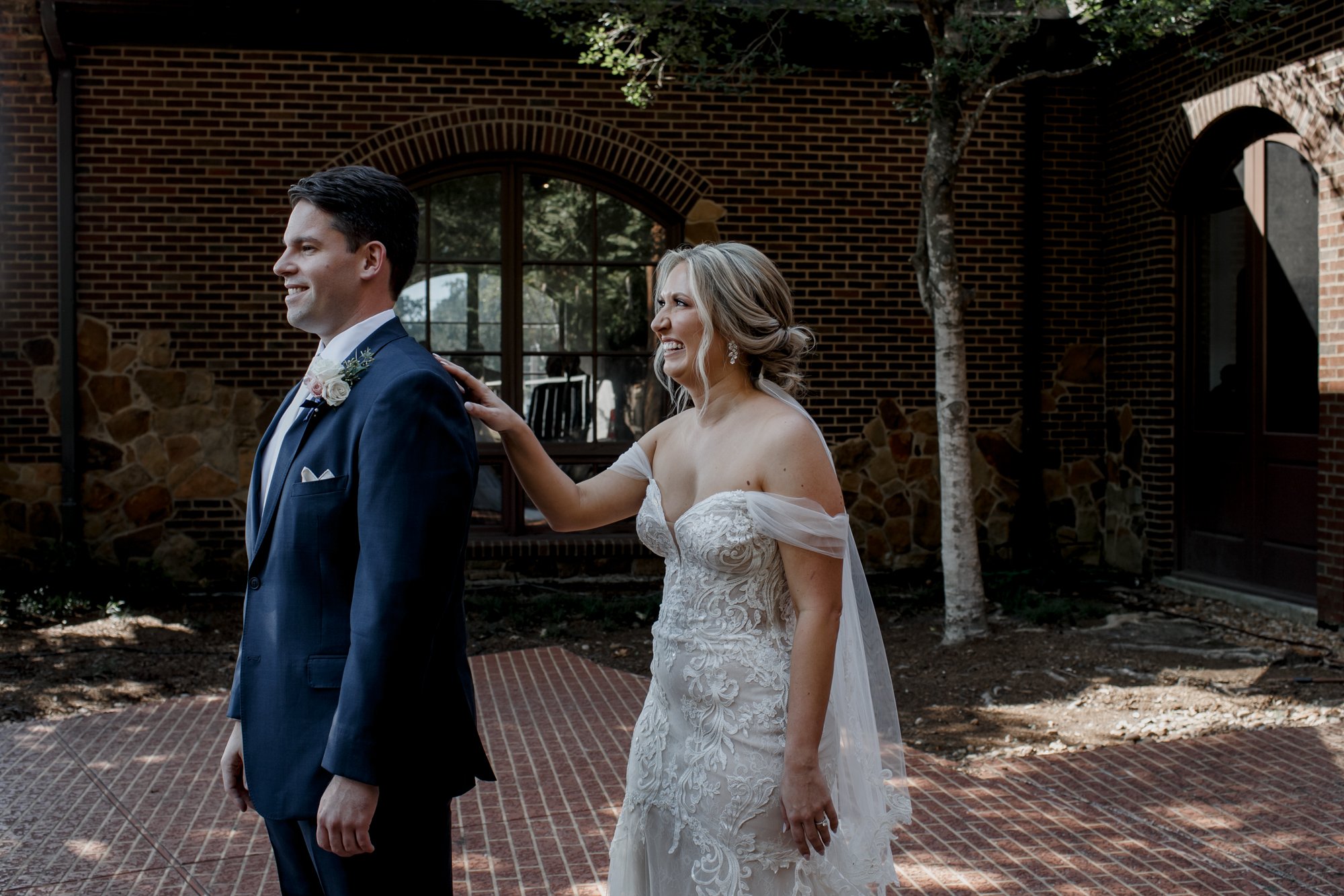Bride and groom first look. Elegant and Glamorous Uptown Wedding at Omni Houston Hotel and The Wynden