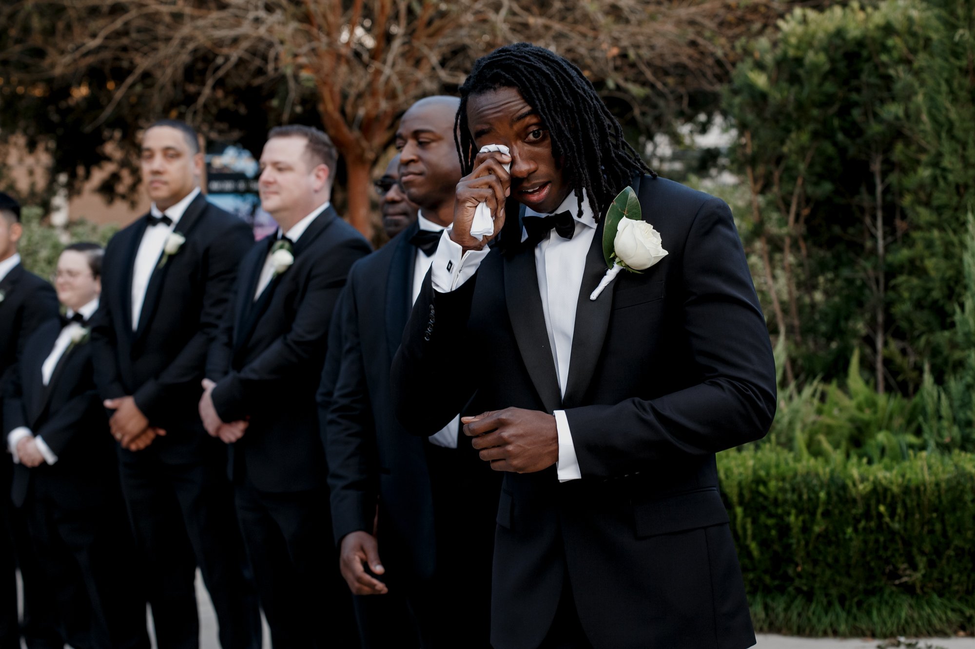 Groom cries seeing bride walking down the aisle. New Orleans Style Wedding at McGovern Centennial Gardens