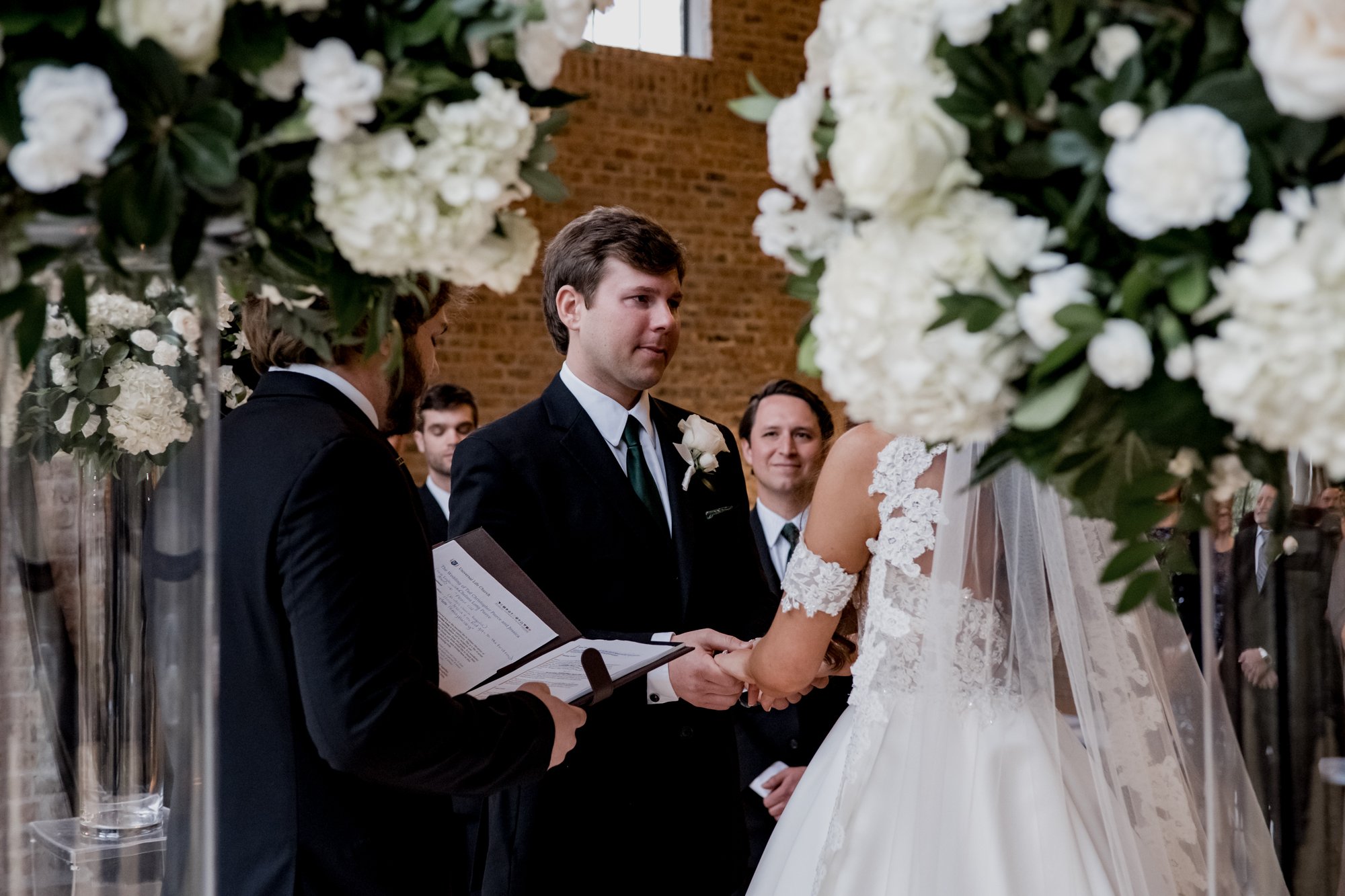 Wedding ceremony groom looking at bride at Iron Manor (Montgomery, TX)