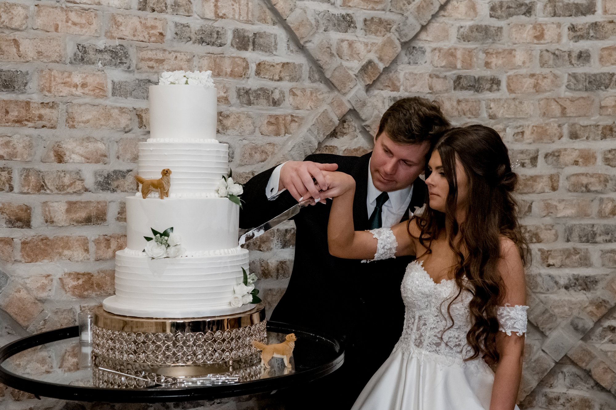 Bride and groom cake cutting. Wedding at Iron Manor (Montg omery, TX)