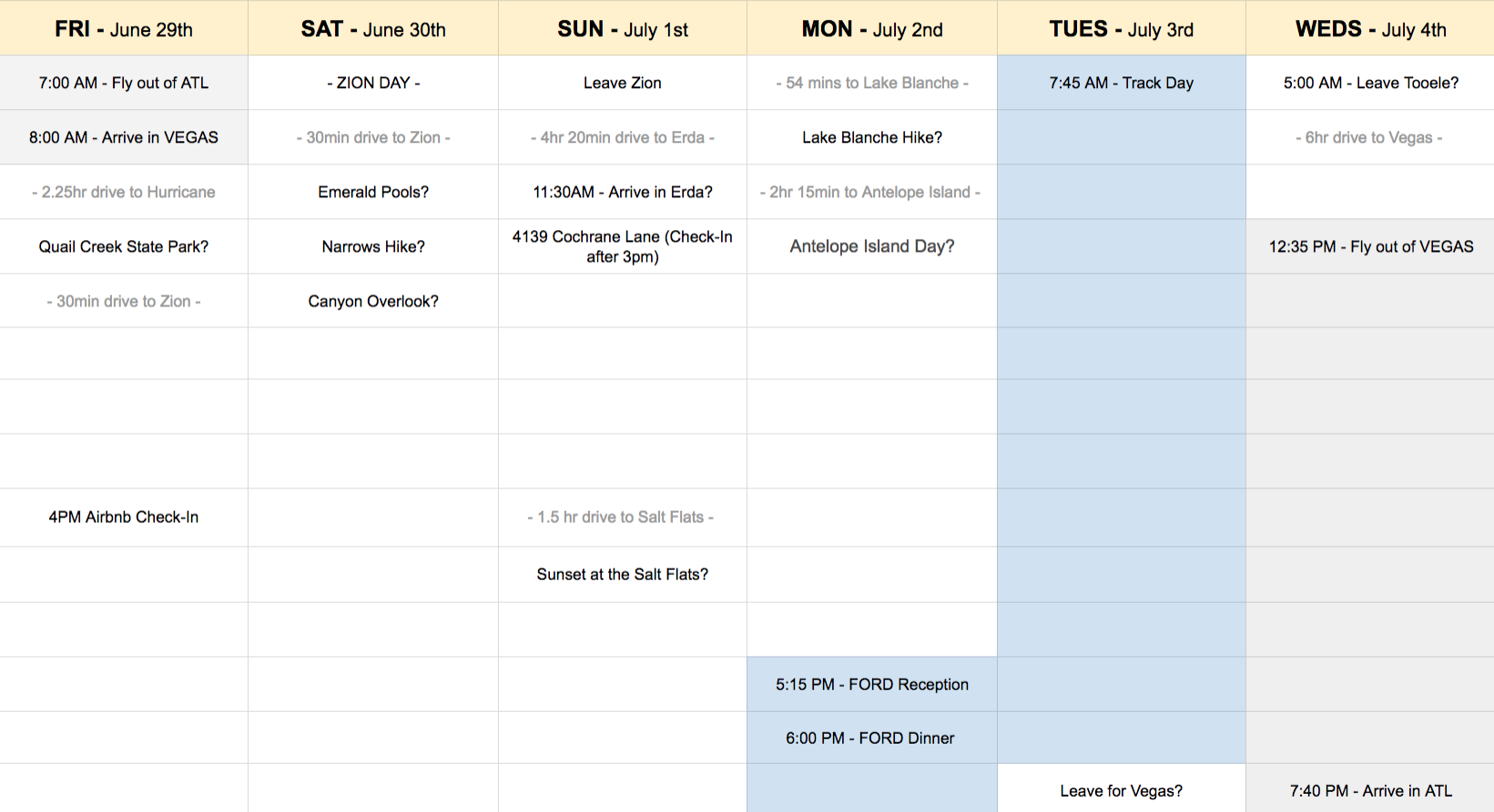 While I typically like to have some hikes researched and general suggestions of things to do, this is usually about as tightly planned as we get because it's just so much nicer to decide in the moment what we're in the mood for (instead of worrying about staying on an hour-to-hour schedule).