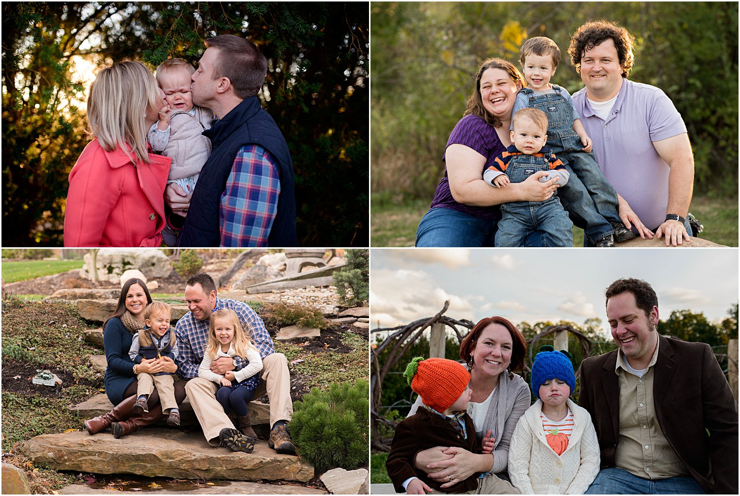 Clockwise from Top Left: Use vests and coats as layers, plaid as an accent | Accent with a complementary color (Orange is across the color wheel from purple) | Layer with sweaters, jacket, and coat, bright blue accent against otherwise warm palette | Accessorize with a scarf and boots, layer with child's vest and cardigan, plaid and floral patterns 
