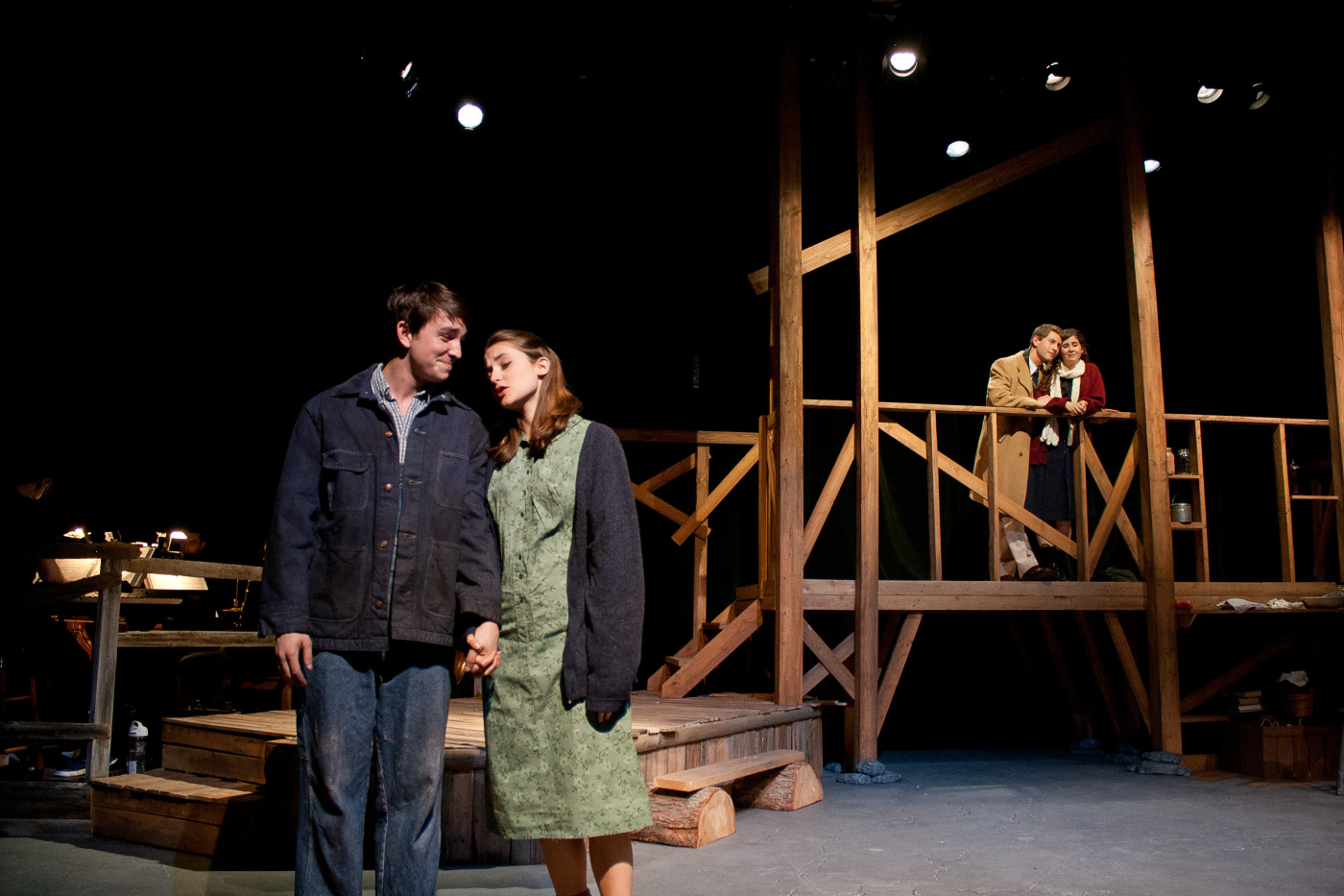  Elliott ( Christian Probst ) and Sary ( Lucie Ledbetter ) [ foreground ]; George ( Brandon Levin ) and Orlena ( Laurel Durning-Hammond ) [ background ]. 
