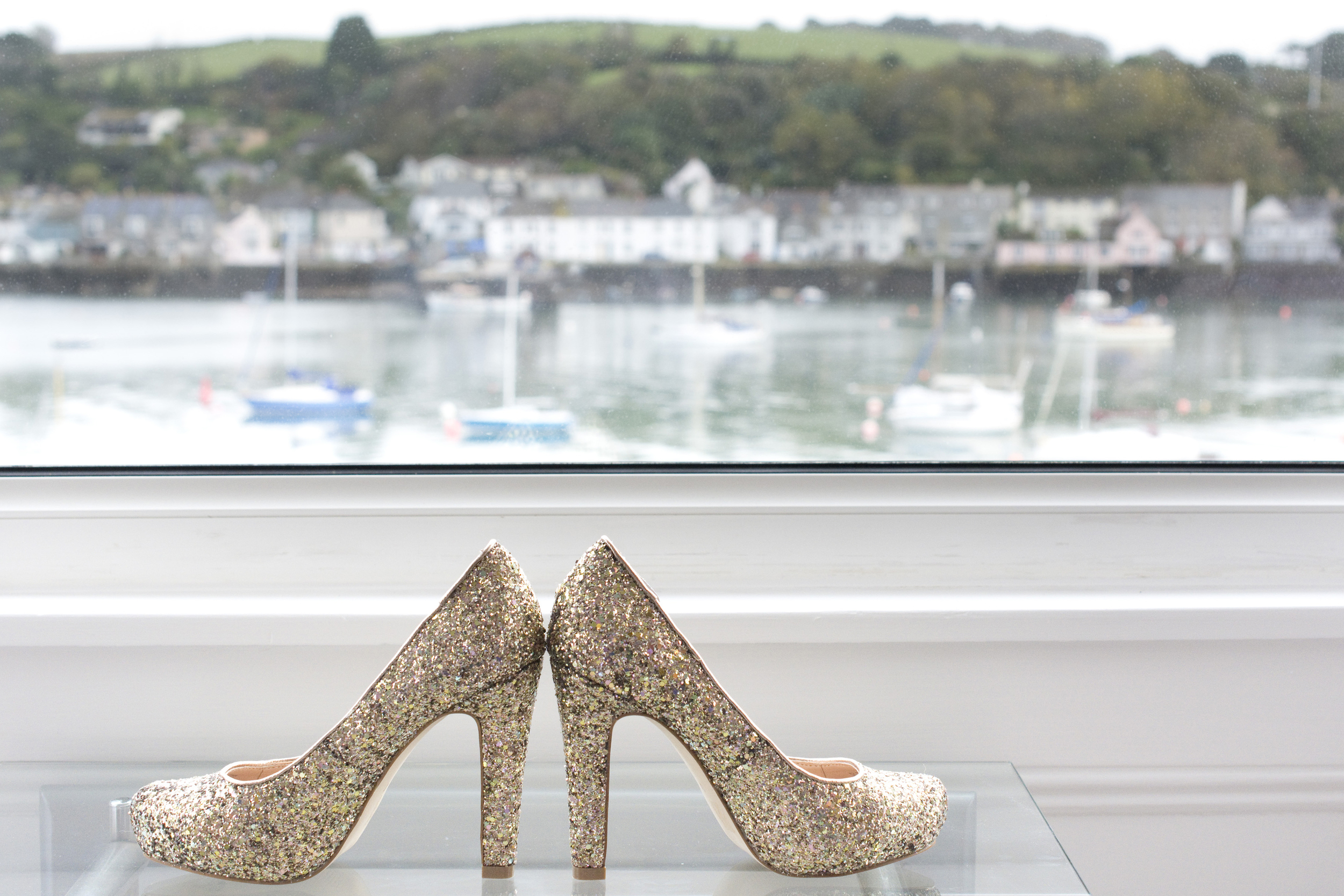 gold glittery wedding shoes at The Greenbank Hotel Falmouth