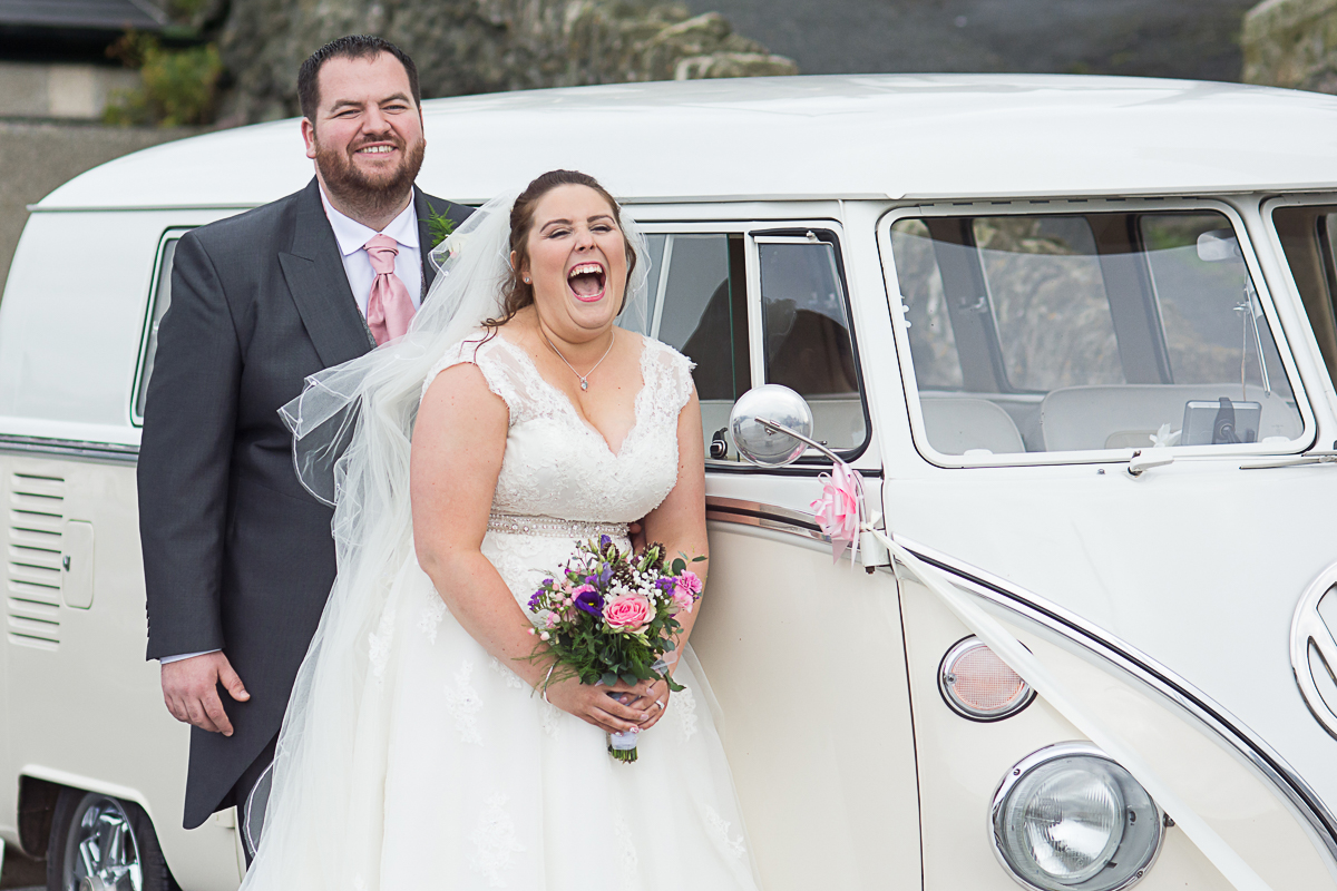 funny moments with the bride and groom and campervan at porthleven harbour