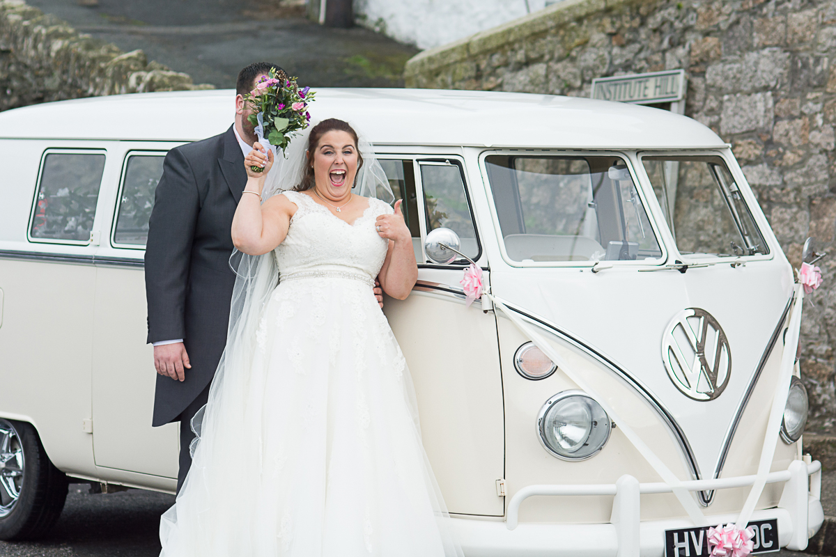 bride and groom bouquet campervan porthleven harbour