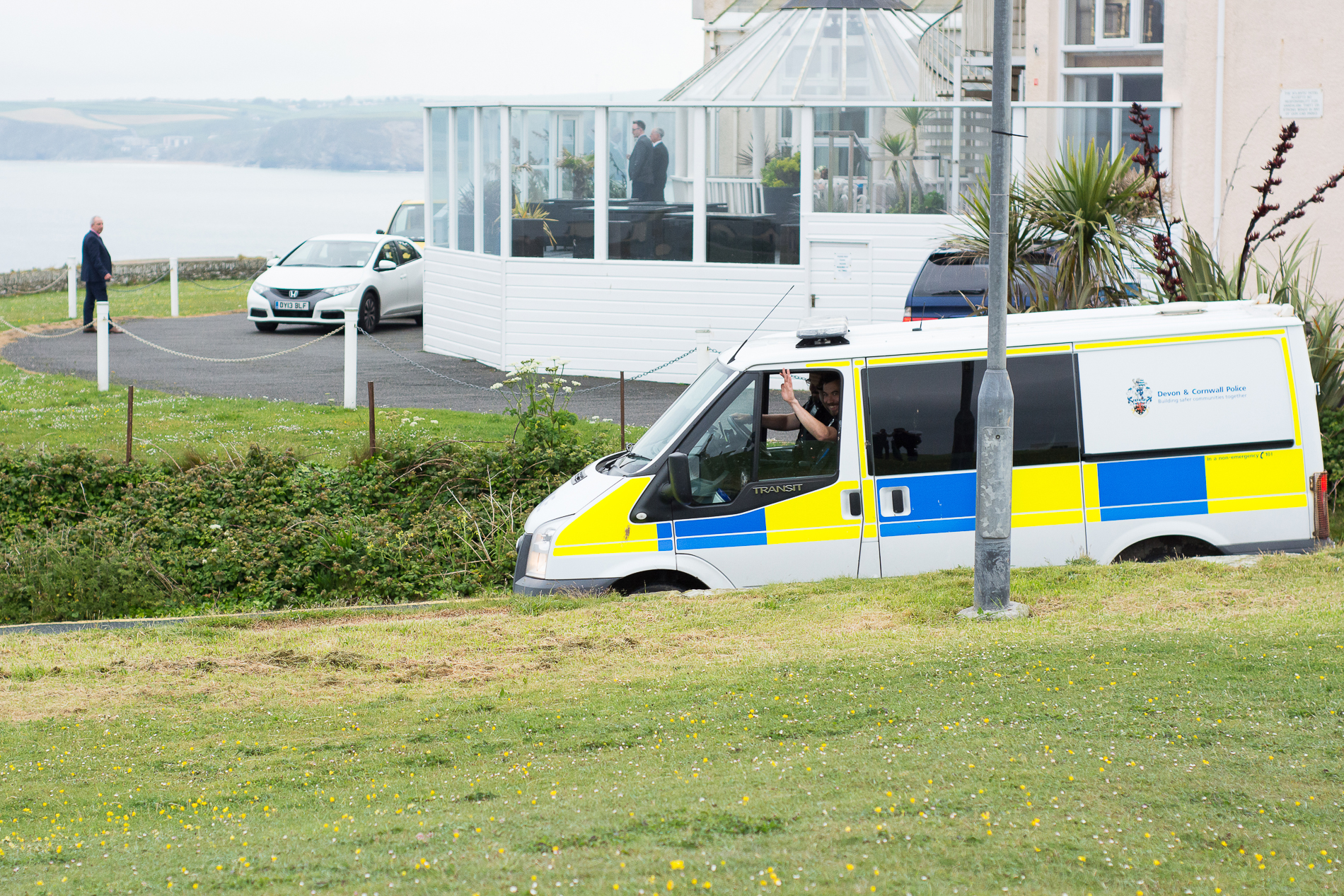 The police congratulate the newlyweds at the Atlantic Hotel in Newquay