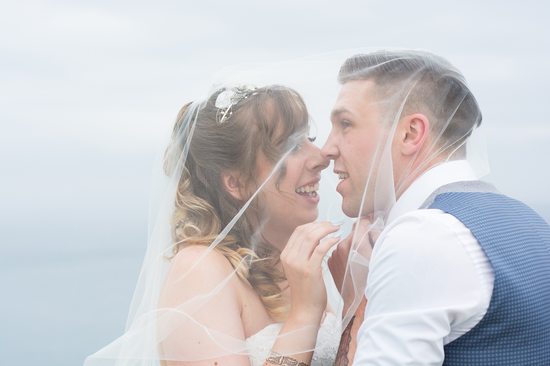 bride and groom share a moment together under the veil at their Atlantic Hotel Newquay wedding