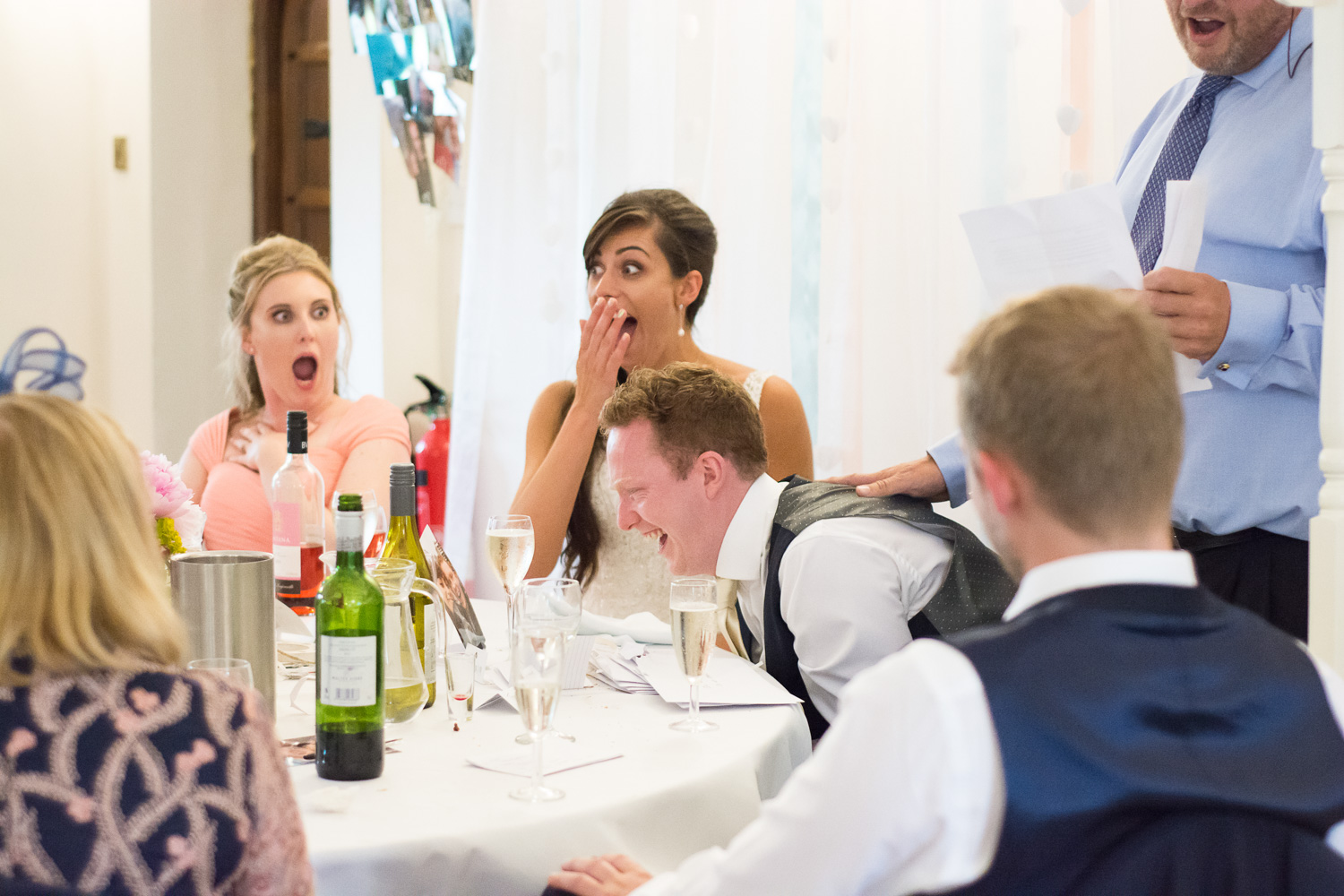 shocked faces during speech at Boringdon Hall wedding