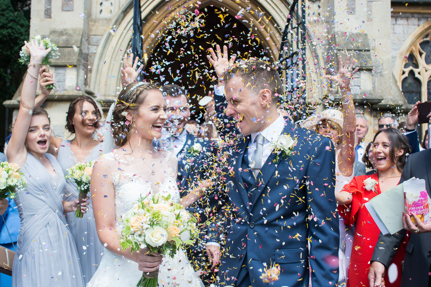 so much confetti outside all saints church babbacombe, Torquay, Devon