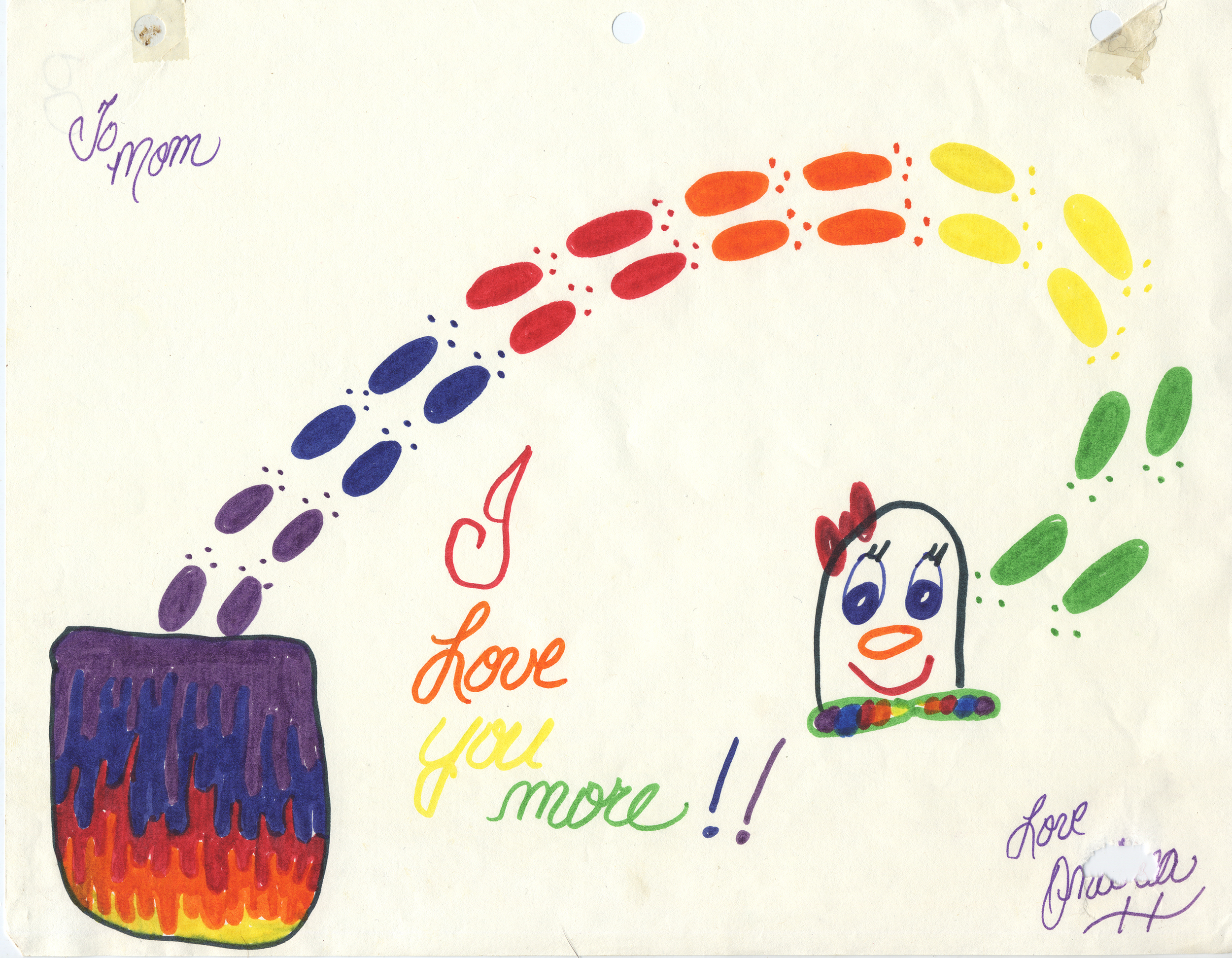 so many drawings for my mom with rainbows, hearts, and I love you.