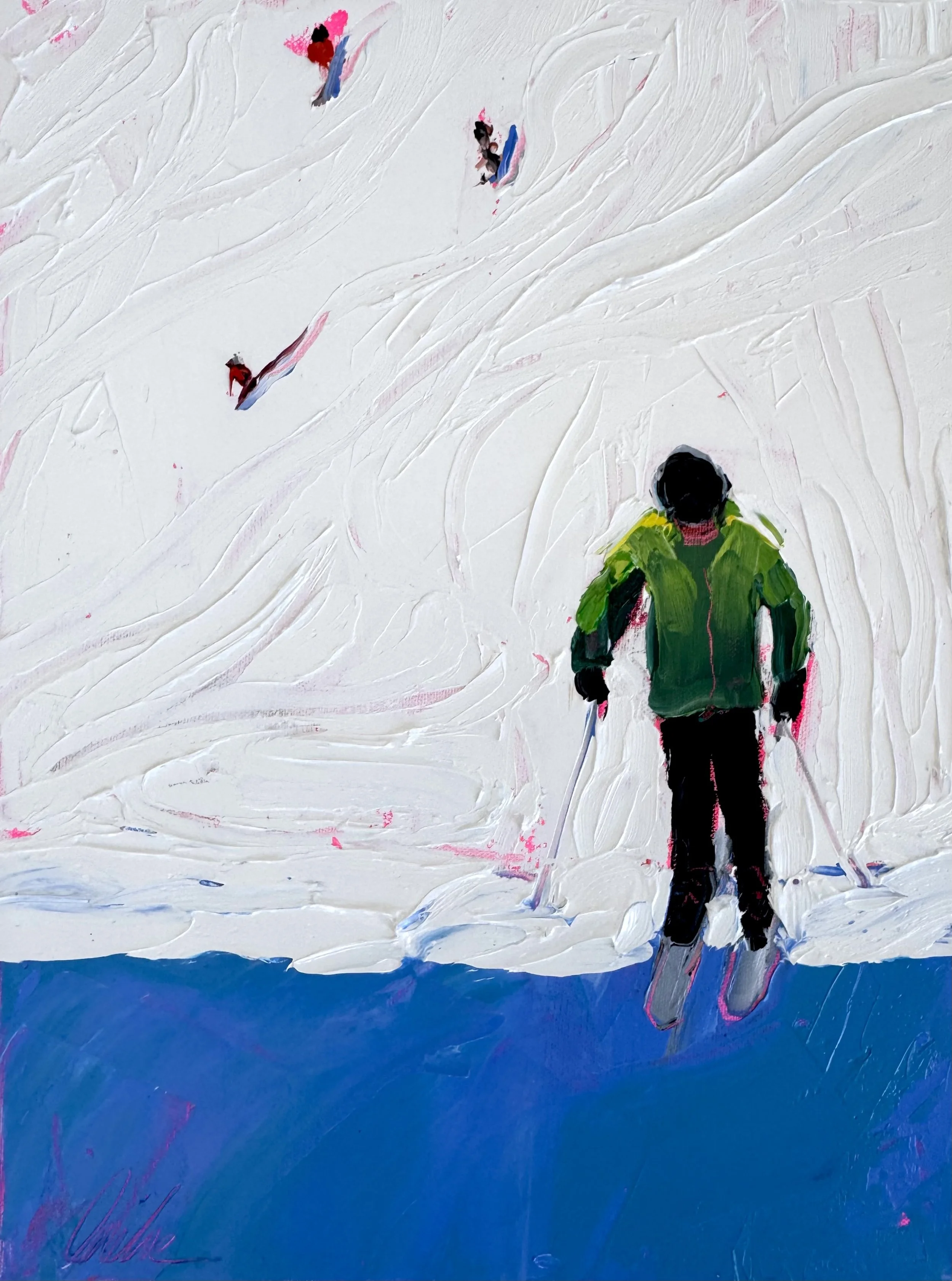 people snow skiing oil painting
