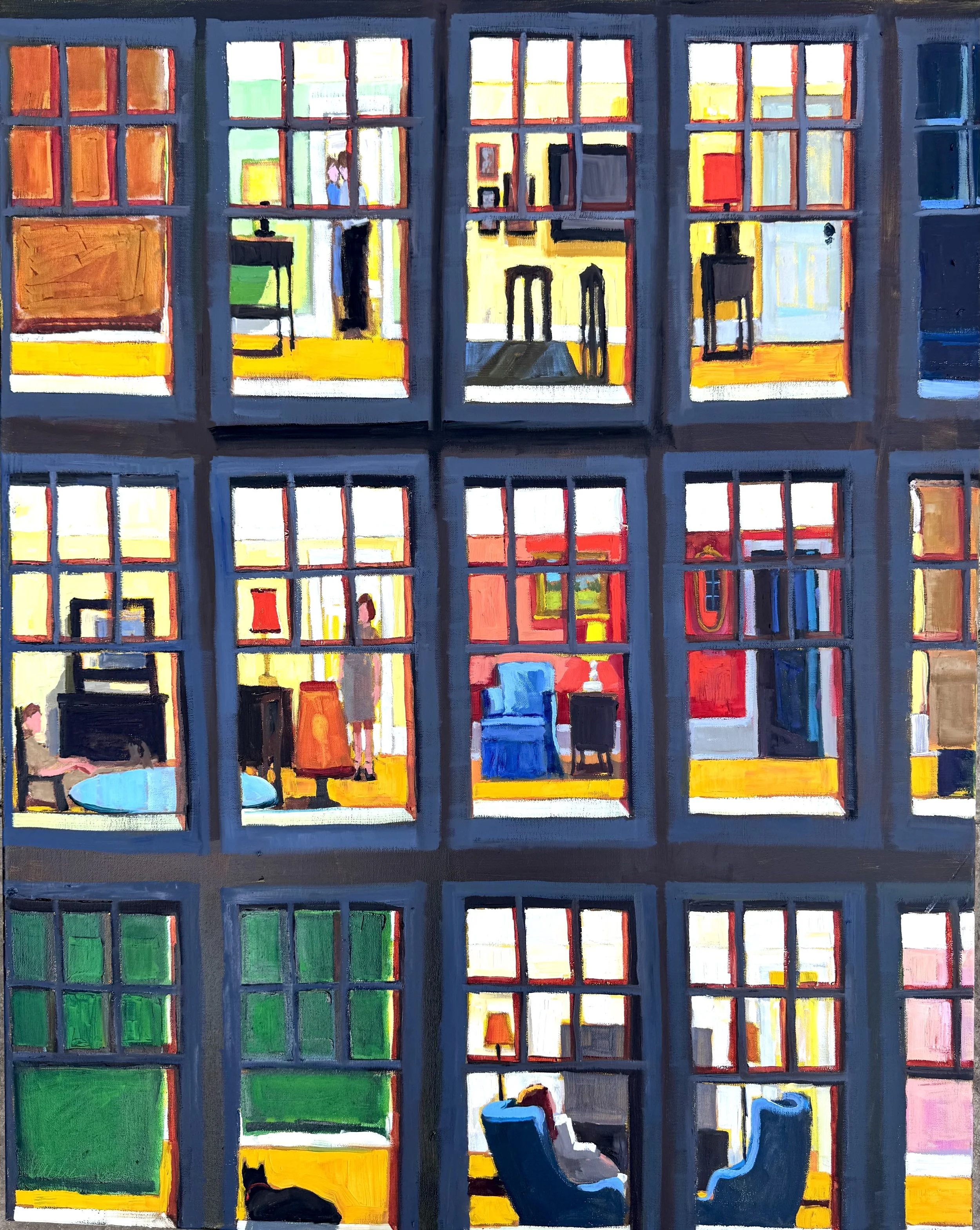 building at night oil painting