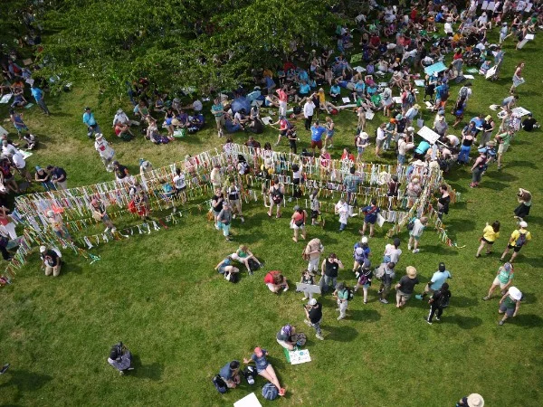 Aerial image of the Climate Ribbon pathway at the People’s Climate March, taken by a camera on a kite.