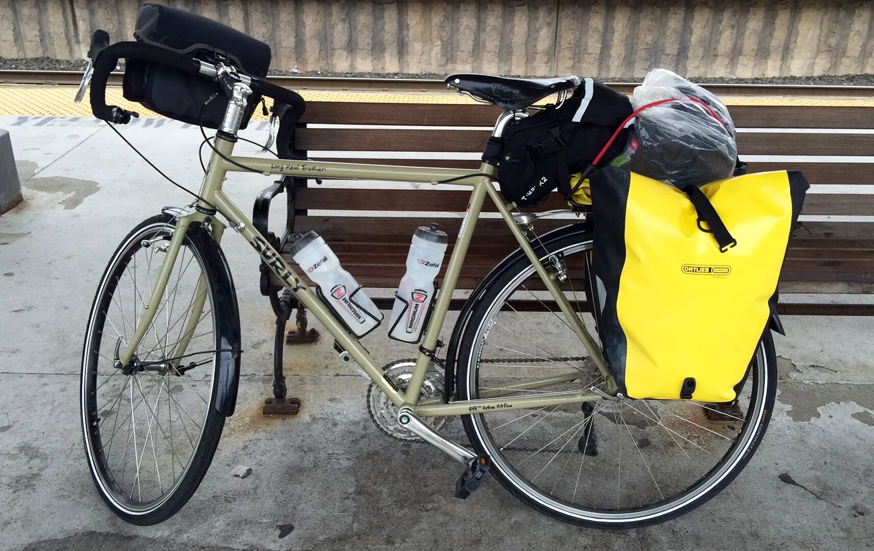 My fully loaded bike, a Surly Long Haul Trucker (LHT), waiting for a train on New Jersey transit for a short ride out of New York City to Hackettstown, NJ.