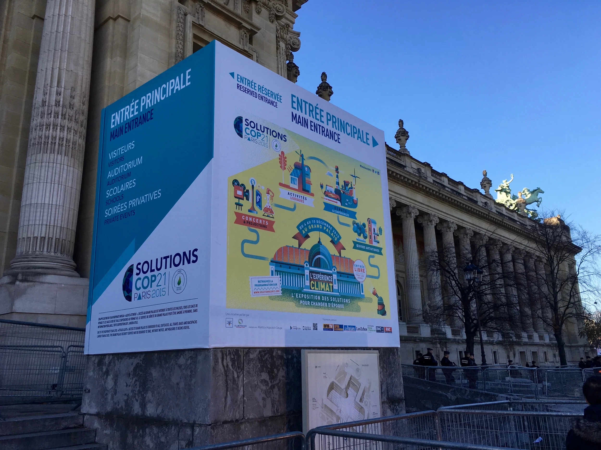 Announcement of a "solutions" exhibit at the Gran Palais. This exhibit received well deserved criticism by climate activists for its corporate approach. It was bland, self-promoting and unimaginative - and palliative. No, corporations won't save us from climate change. 