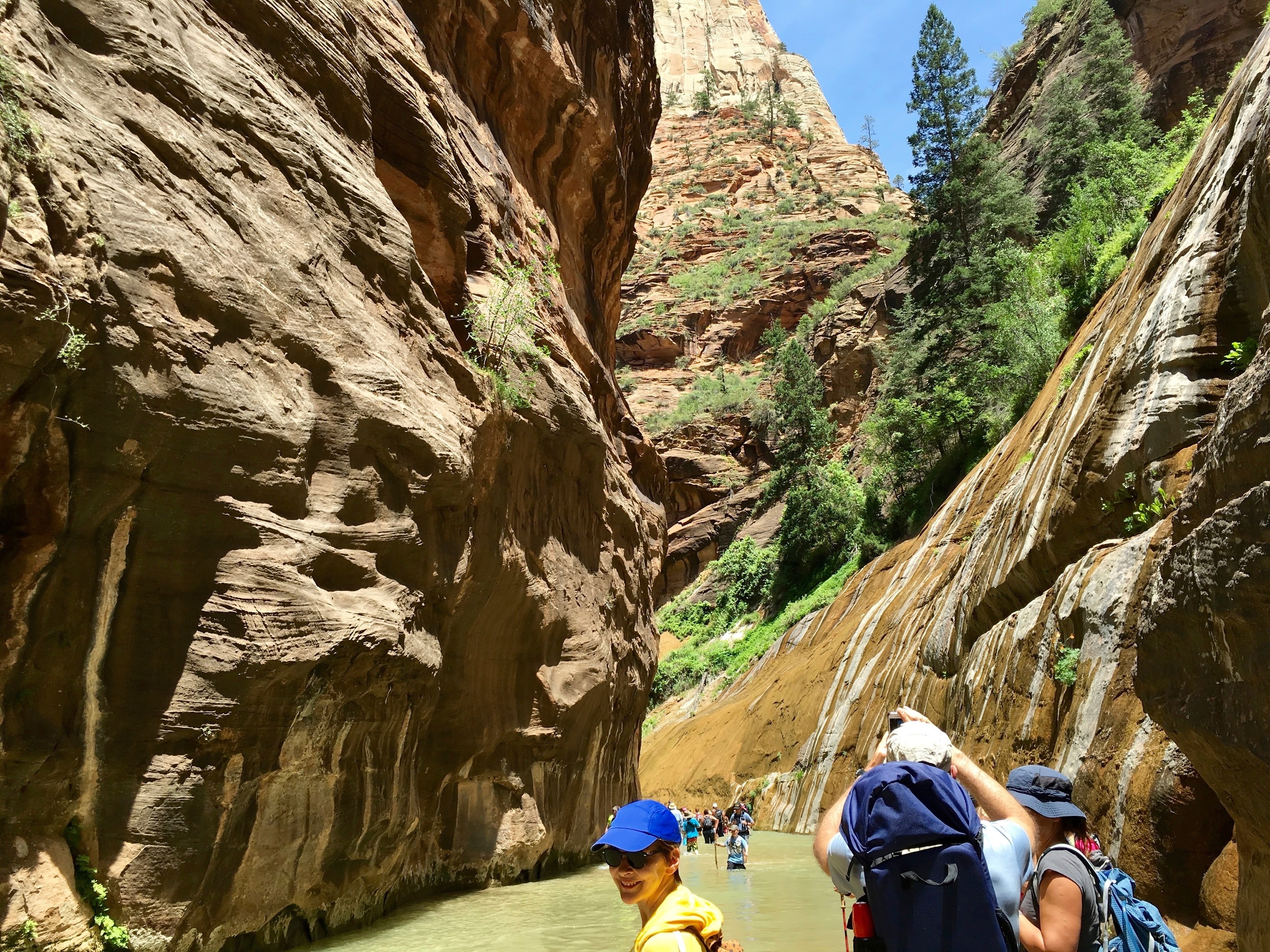 Maryjane (in the blue hat) on her way up the narrows at Zion. 