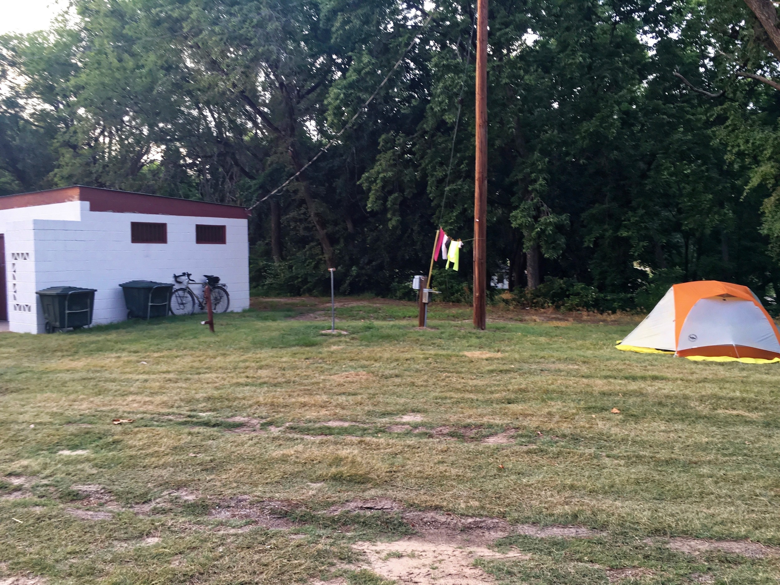 On a 96 mile day I wandered around Pittsburg, Kansas looking for a good deal for the night and found this city park with showers and bathrooms for $10. Only problem was being subjected to fireworks until midnight. At one point I thought sparks were raining down on my tent, but I did make it through the night unscathed. 