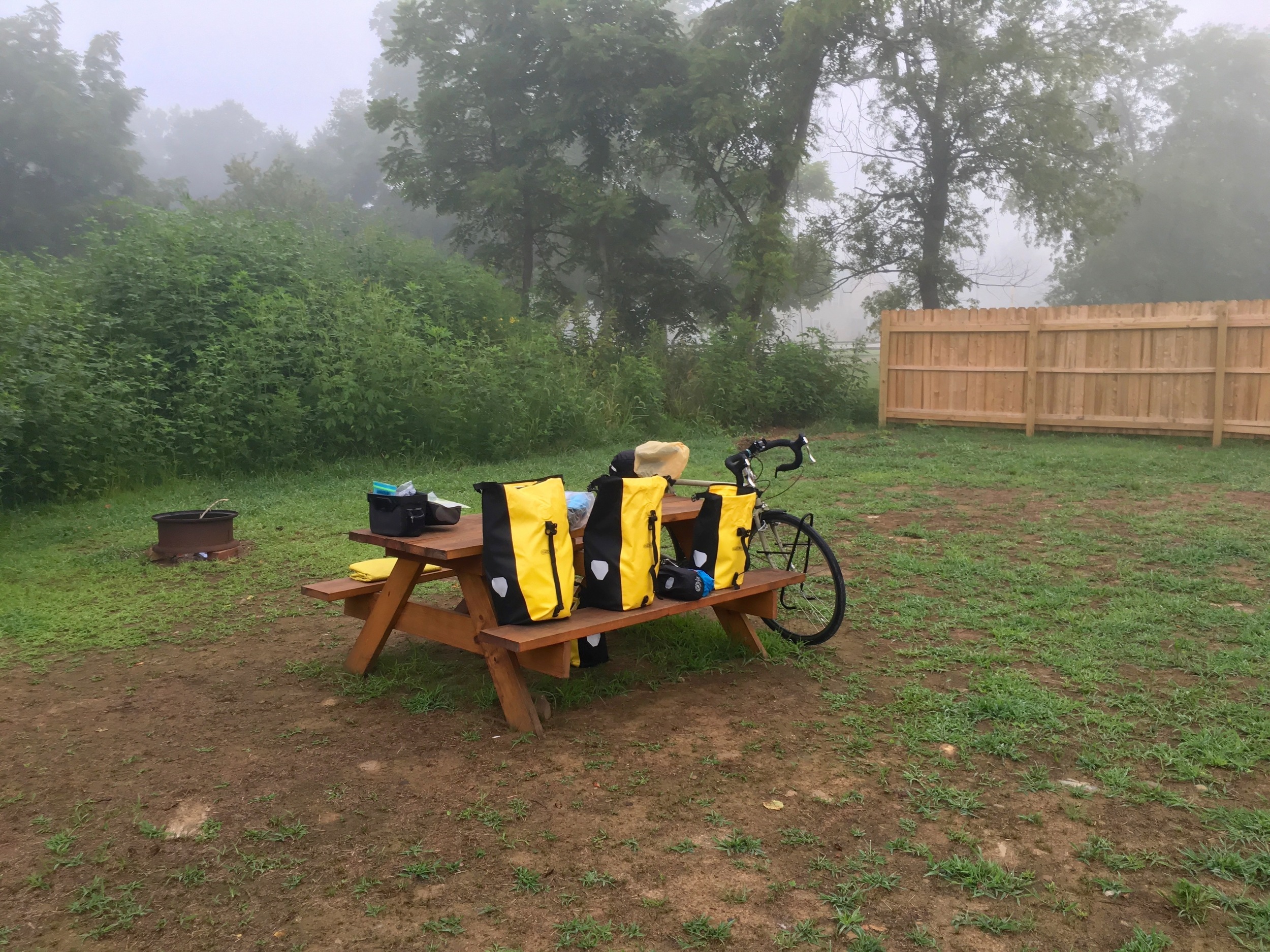 My campsite near Connellsville in the morning. Fog is common in the Allegheny region. 