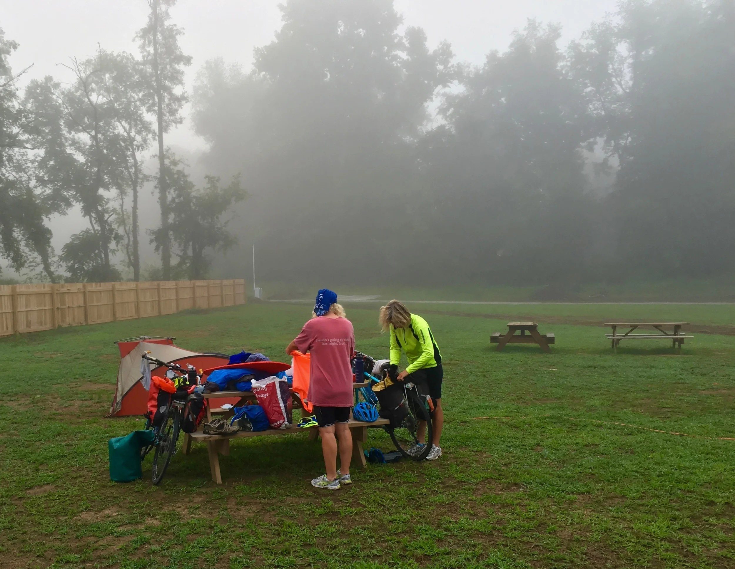 Just at sunset as I was drifting off to sleep, several cyclists set up camp near me. They were teachers from Limerick, Ireland, who were cycling across the US. The next morning I snapped this photo.&nbsp;