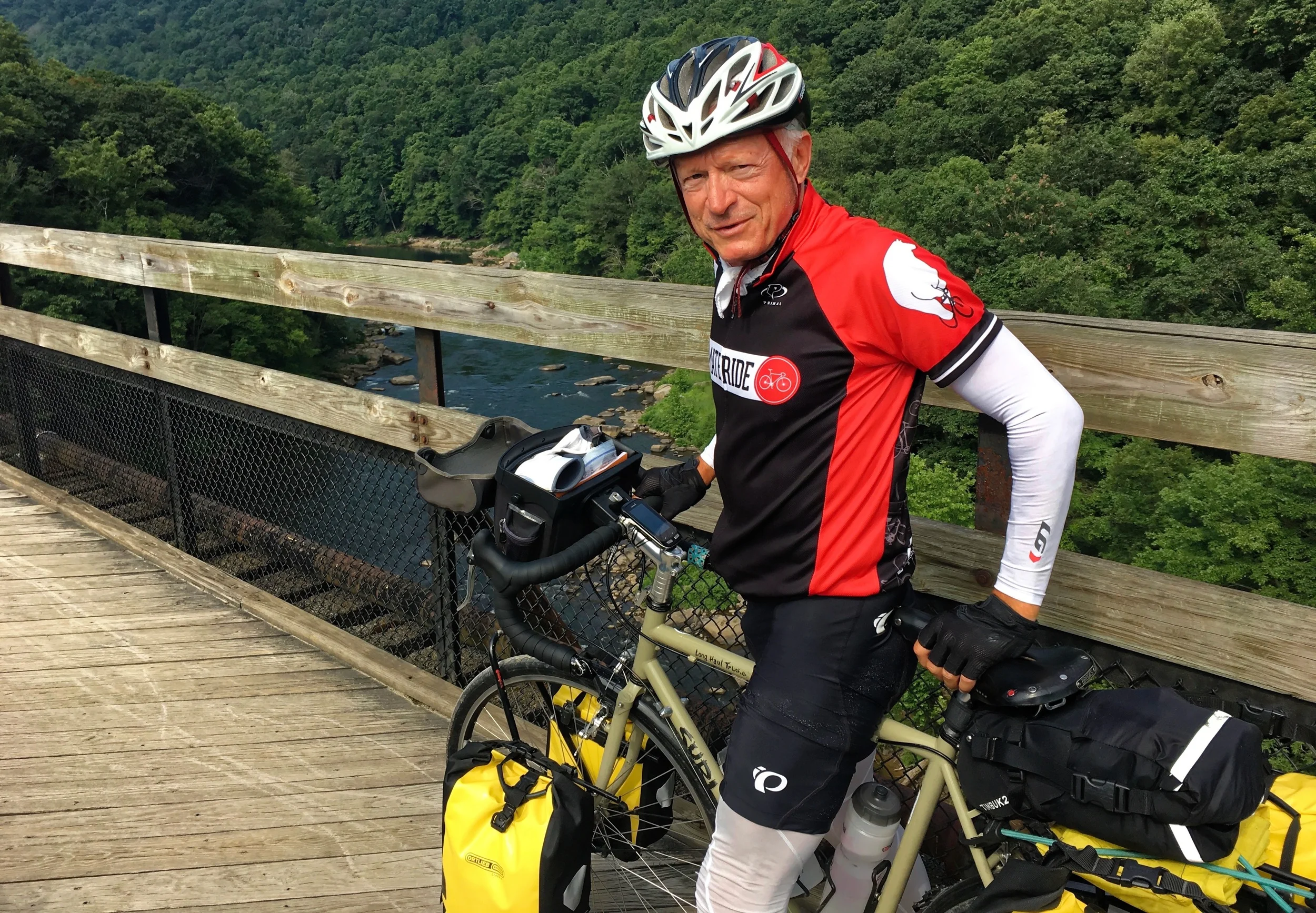 Steve took this picture of me as we crossed the river near Ohiopyle, PA.&nbsp;