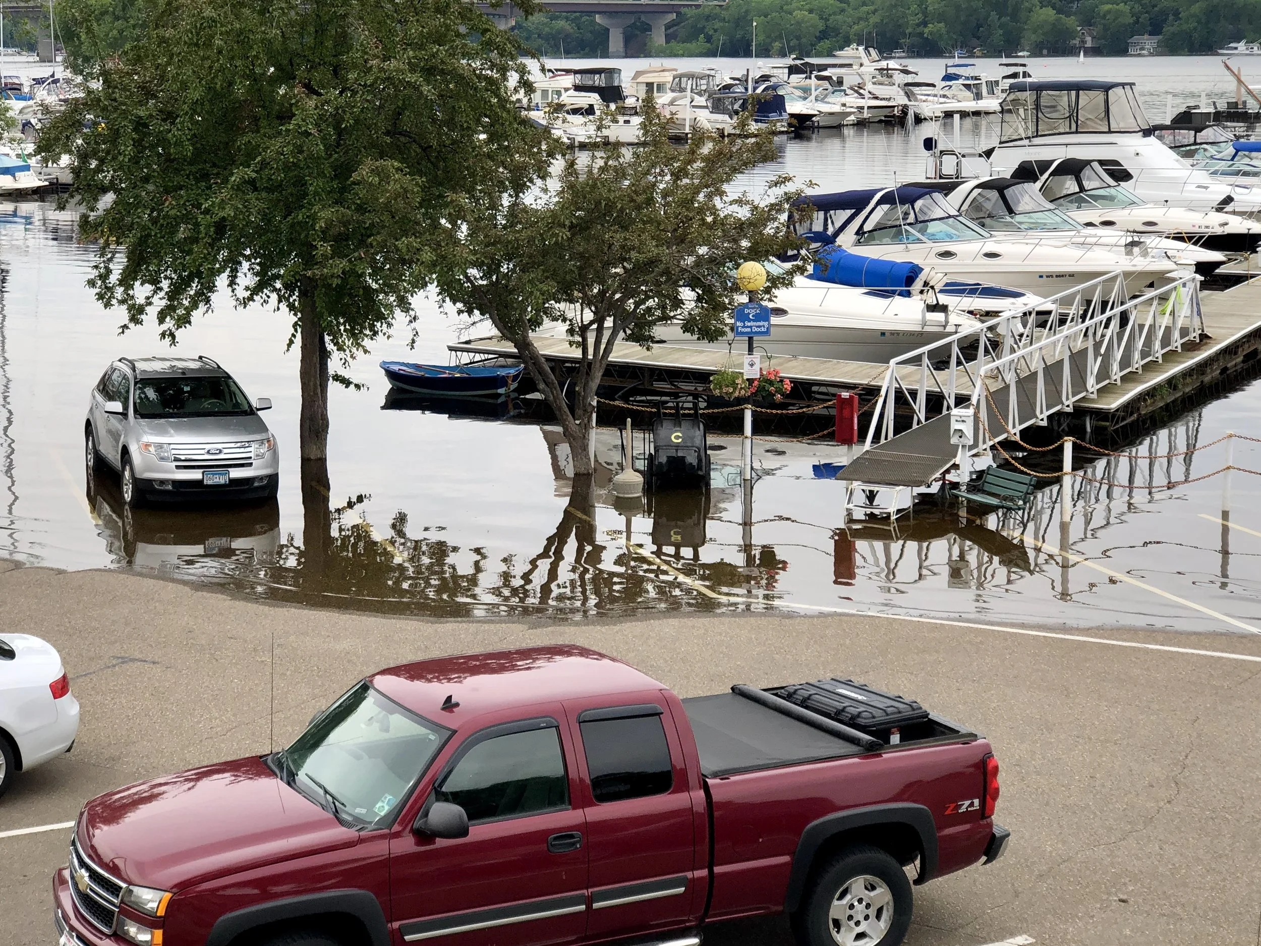 The waterline encroaches on a parking lot on the St. Croix River East of Minneapolis.&nbsp;