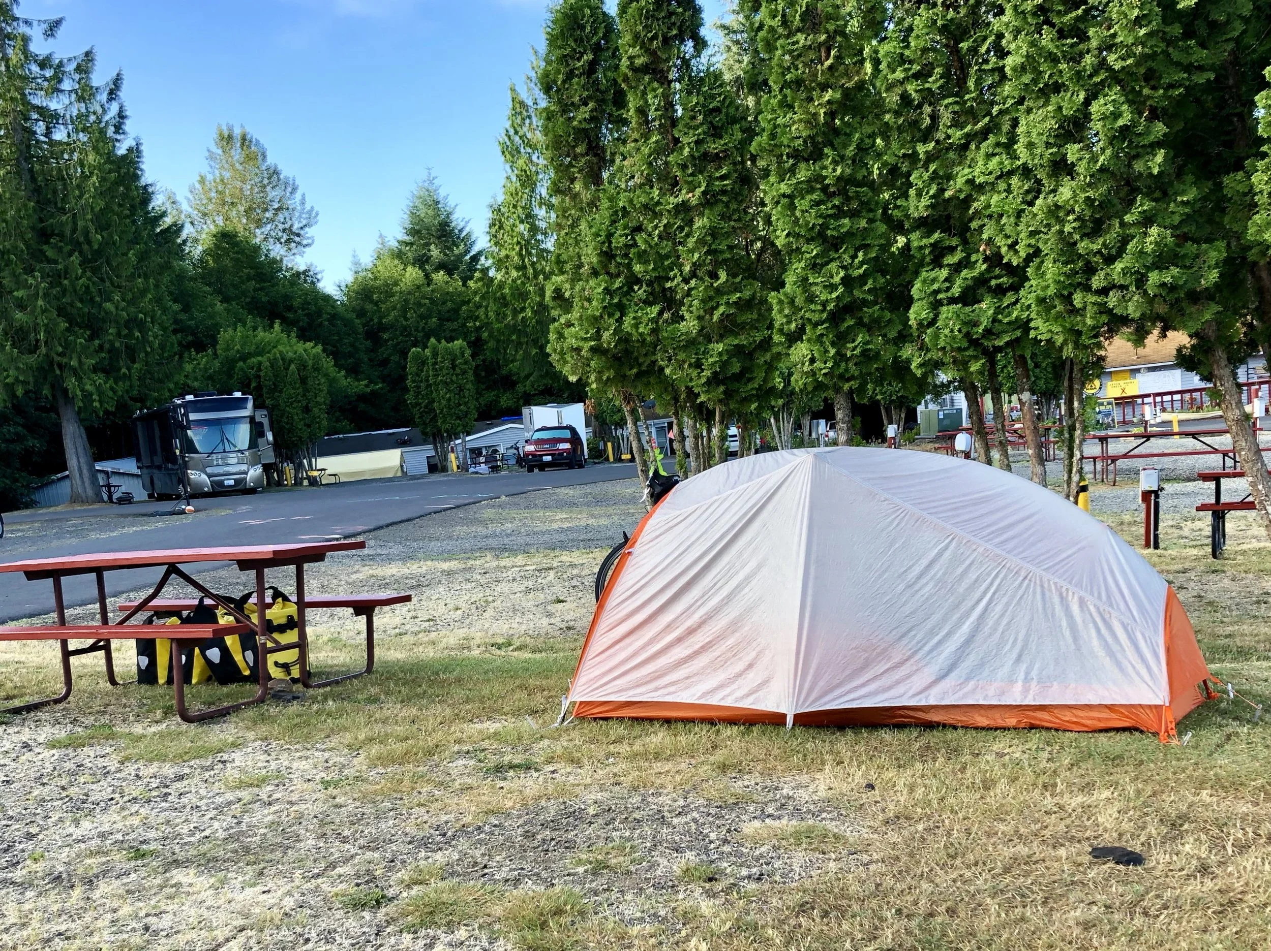 I stayed at a KOA campground (showers!) near the Mt. Saint Helen's visitor station about 40 miles south of Centralia, WA.