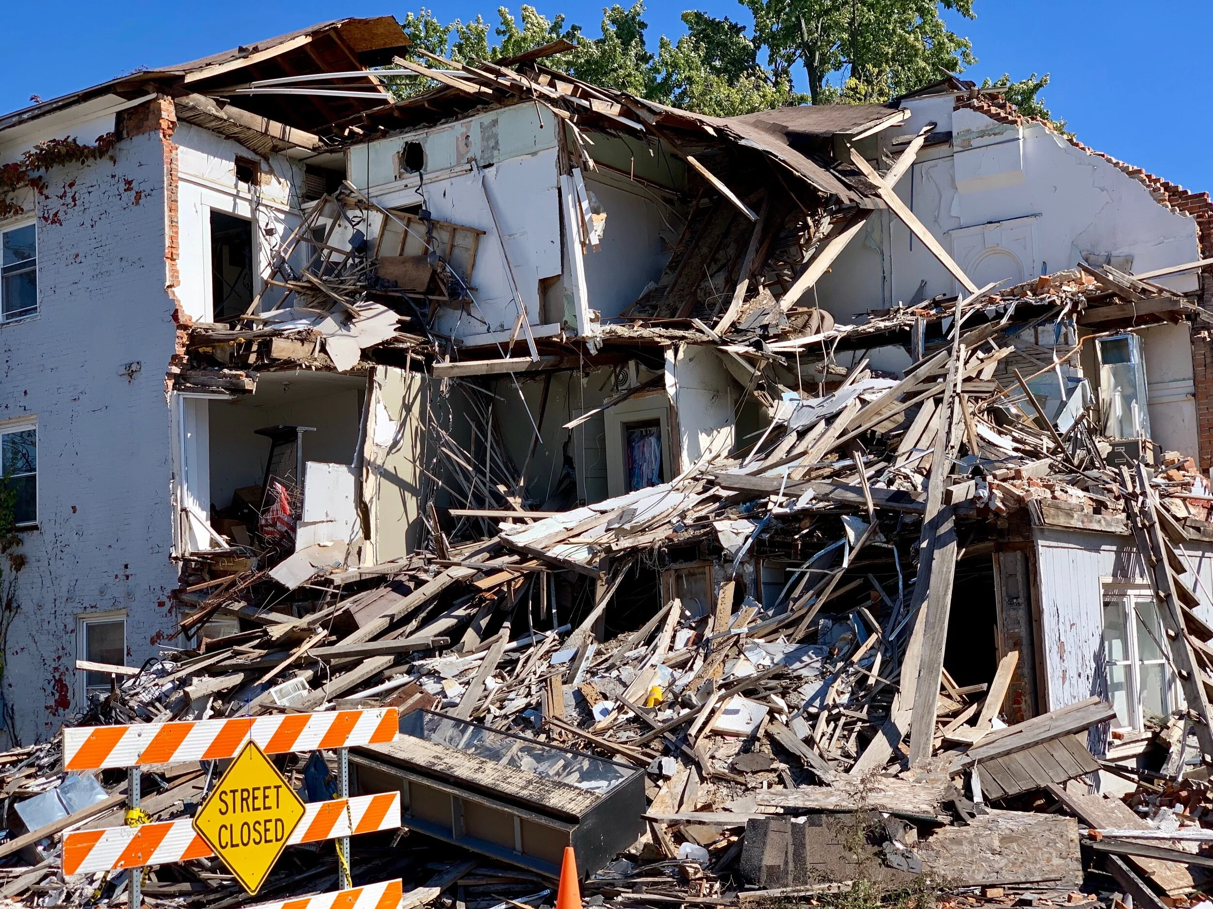 This house is on Main Street in Cambridge City, Indiana. It was intact until July of this year, when it collapsed. A local resident we talked to didn’t know why.