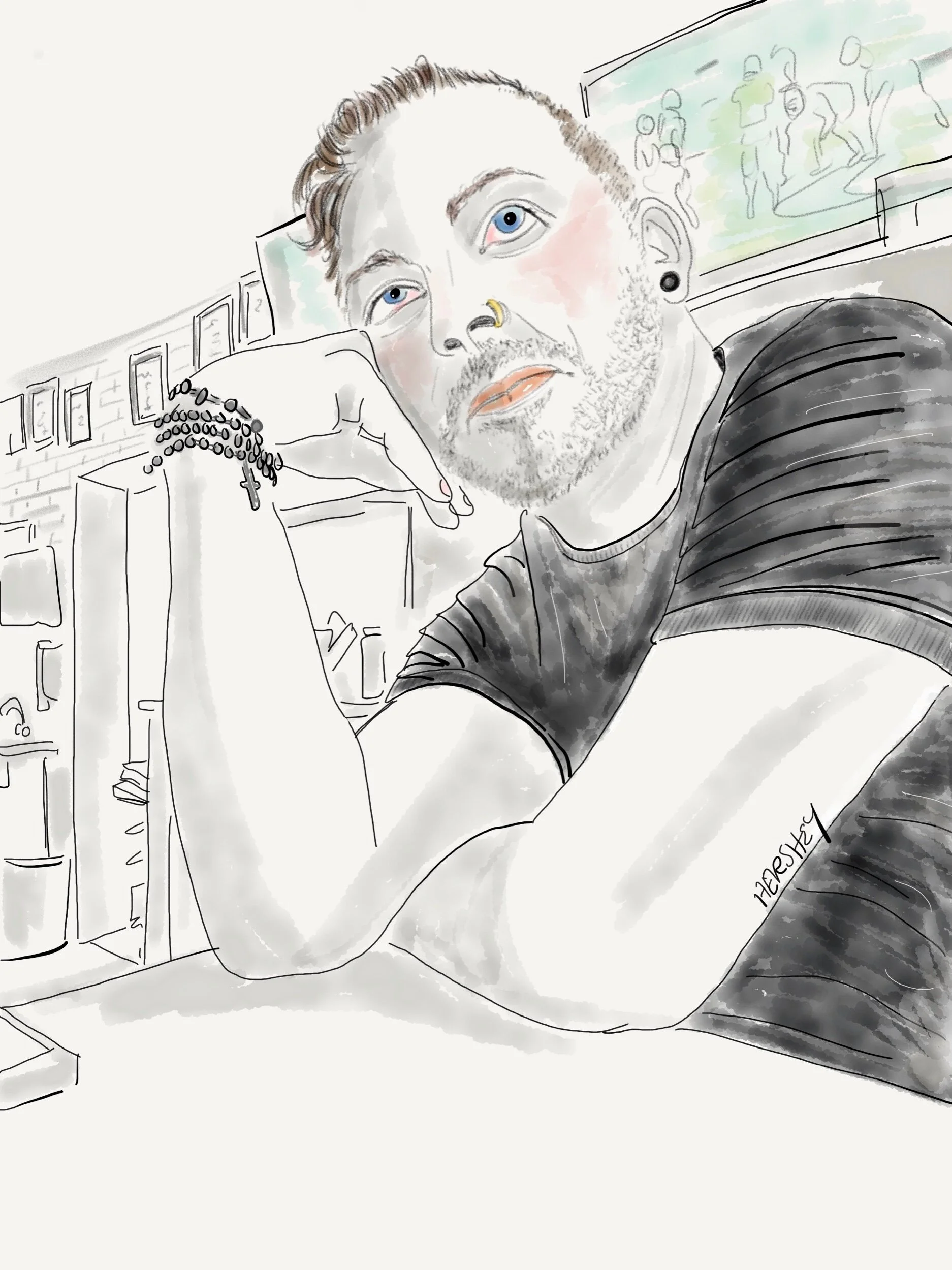 Jenny’s drawing of our bartender Dennis at the Pike 40 Bar and Grill in Morristown , Ohio. You can see more of Jennifer Hershey's work on Instagram at “deeofo”.