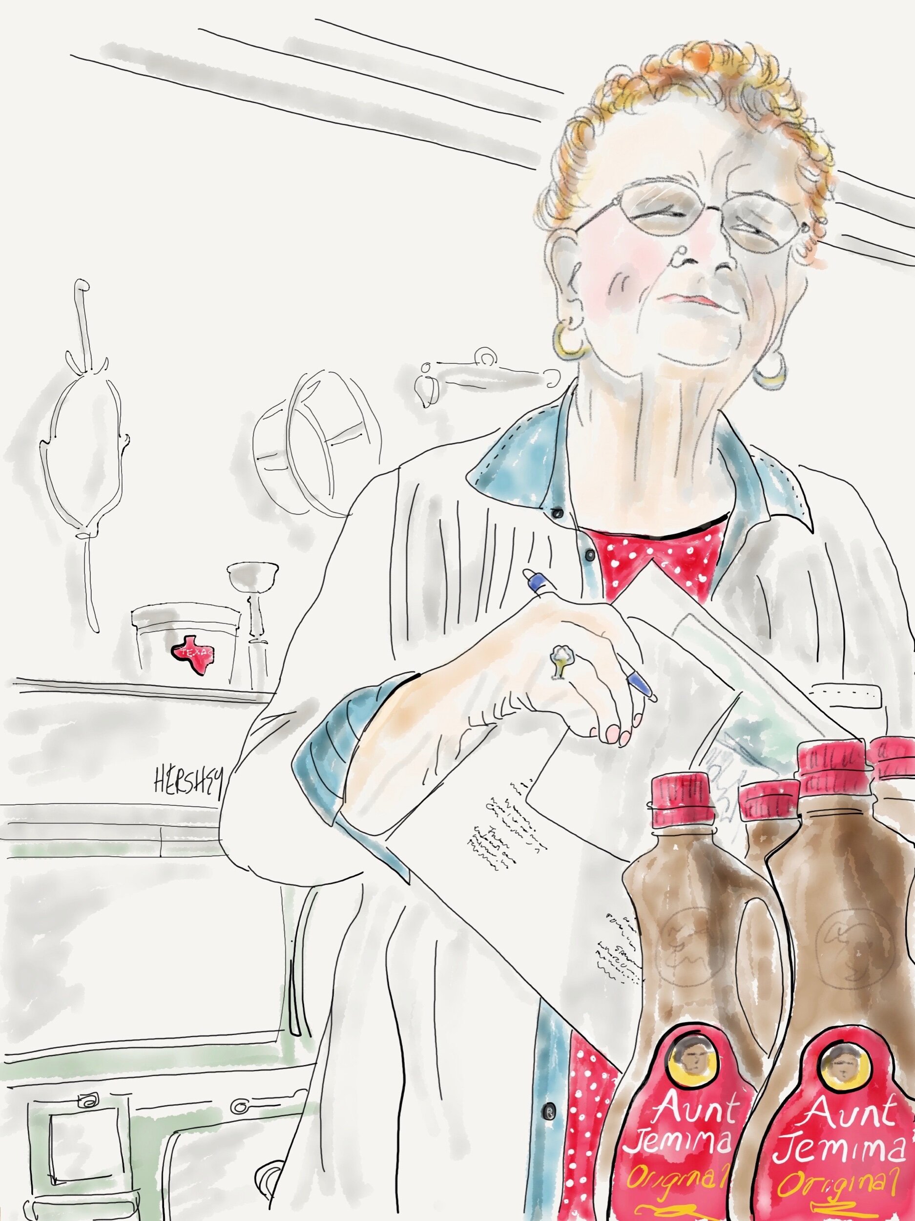 “Oh I’ve been doing this for years. If they keep coming....I’ll be here”. Drawing of Helen Feldhousen by Jennifer Hershey. Follow her on Instagram at deeofo.