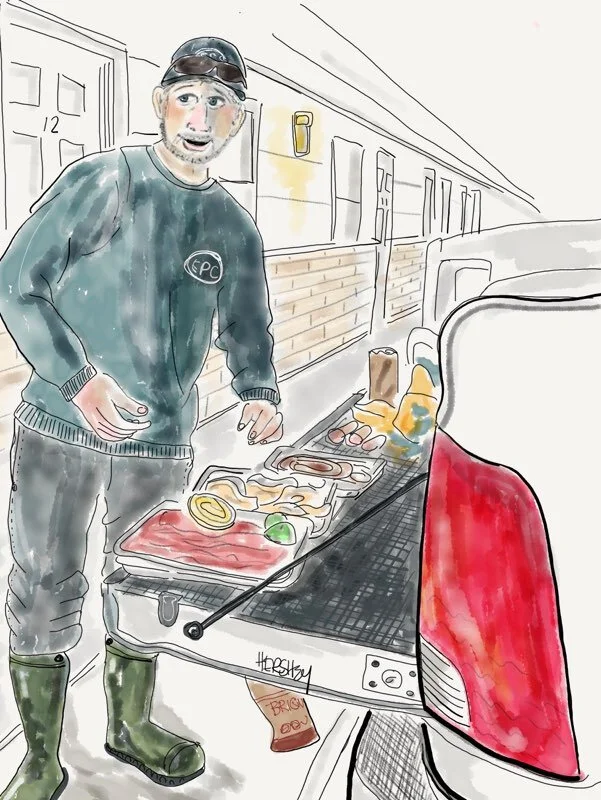 “Me?- I’m Norberto. Me an’ my brothers, Ivan and Freddy cook our meals for the week out here. We take our lunches to the plant.” Drawing by Jennifer Hershey. Follow her work on Instagram at deeofo.Norberto and his brothers had traveled from their ho…