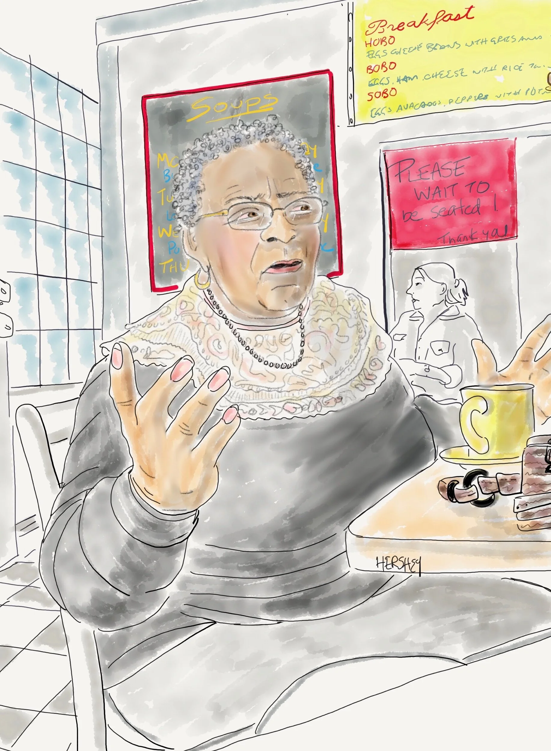 “I used to be an intelligence analyst for the army in Germany. I moved back here to be close to my military family. I pray everywhere and anywhere because God is always where I’m praying”. Drawing by Jennifer Hershey. Follow her on Instagram at deeo…