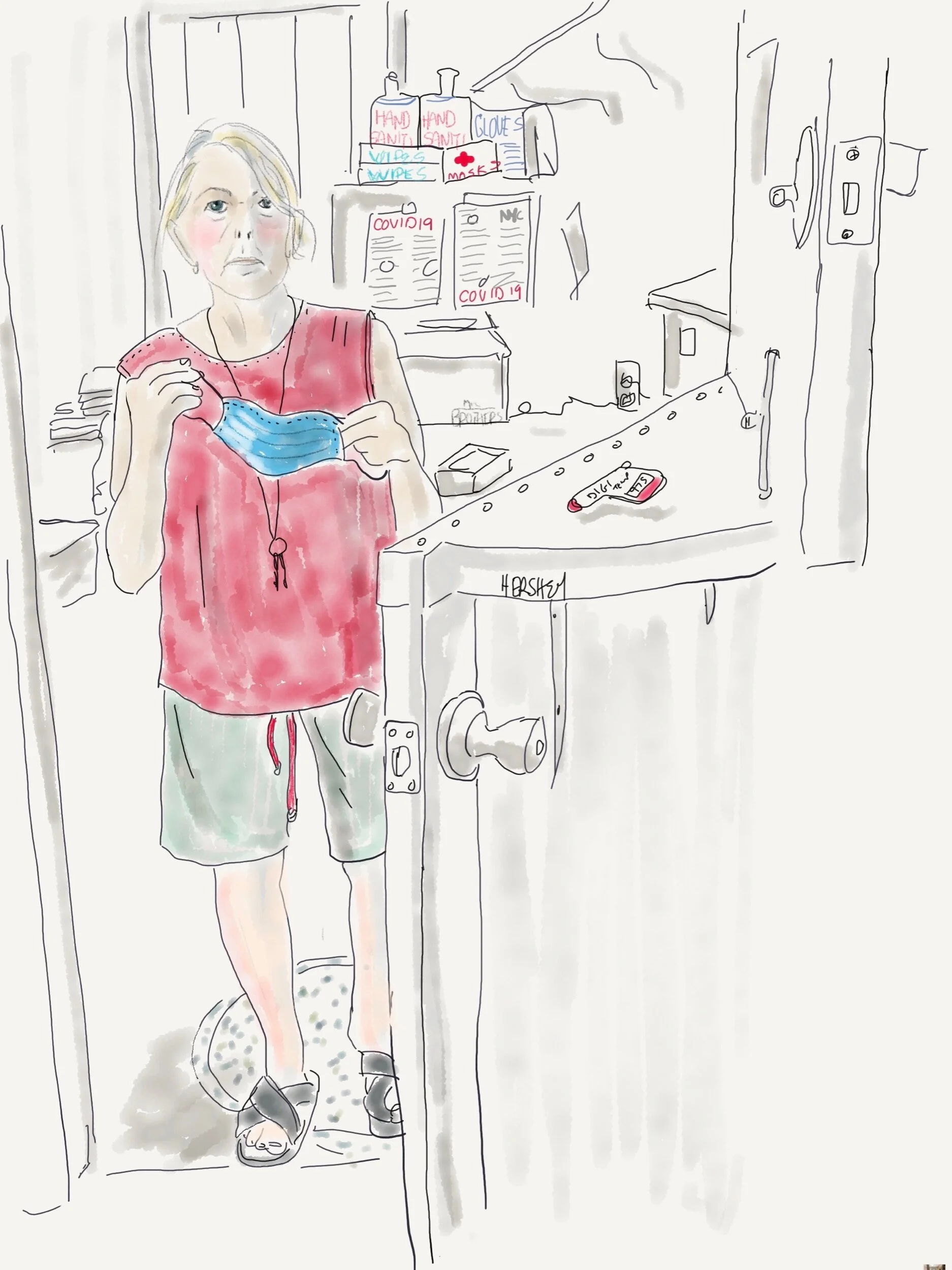 “Please stay back until I get my mask on. I’m 74. …I survived breast cancer. I just need to take your temperature and fill out these forms”. Drawing by Jennifer Hershey. Follow her work on Instagram at deeofo.