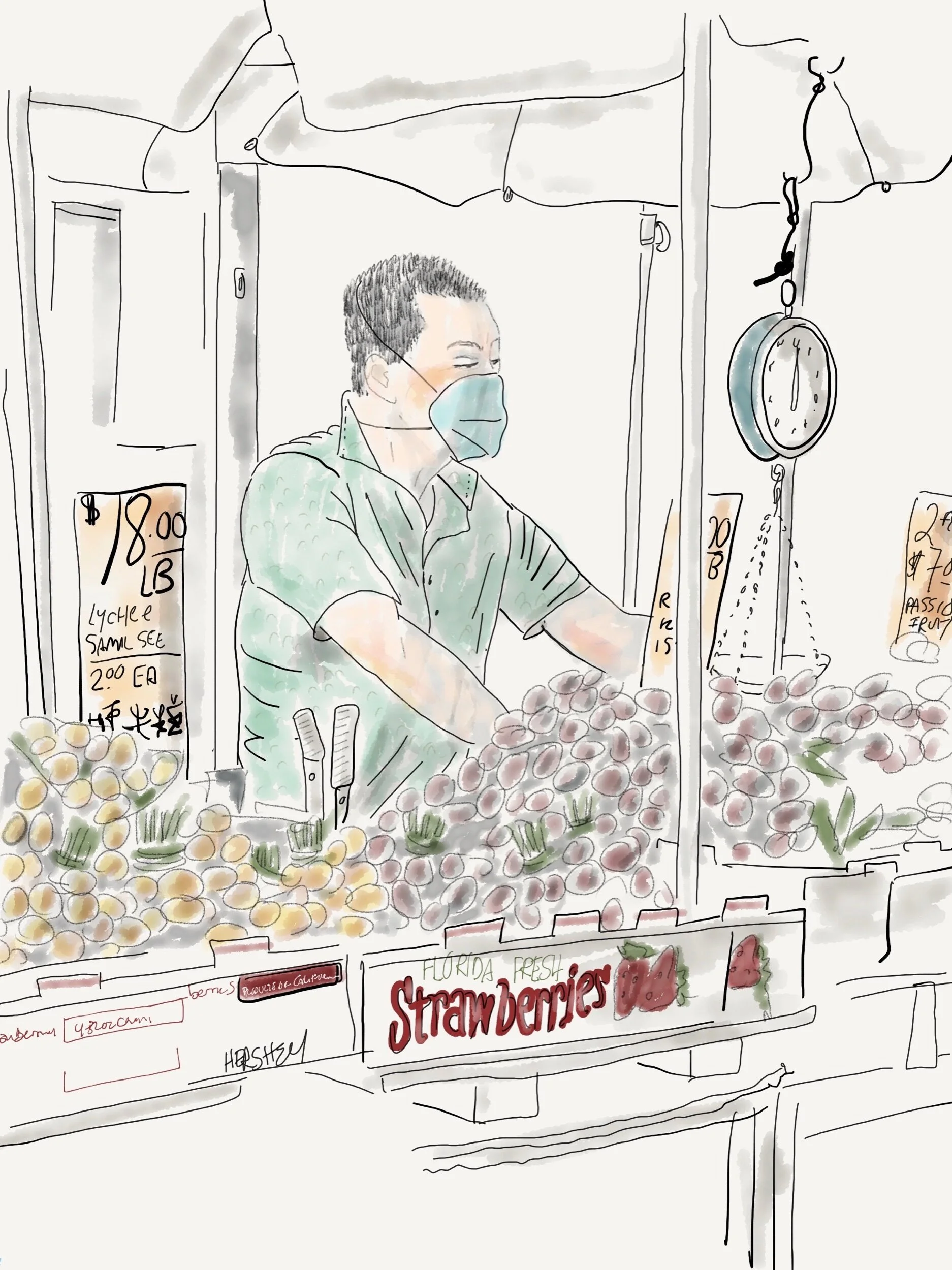 “No exotic “Kung Flu” here. Only fresh lychees and strawberries”! Drawing by Jennifer Hershey. Follow her work on Instagram at deeofo.